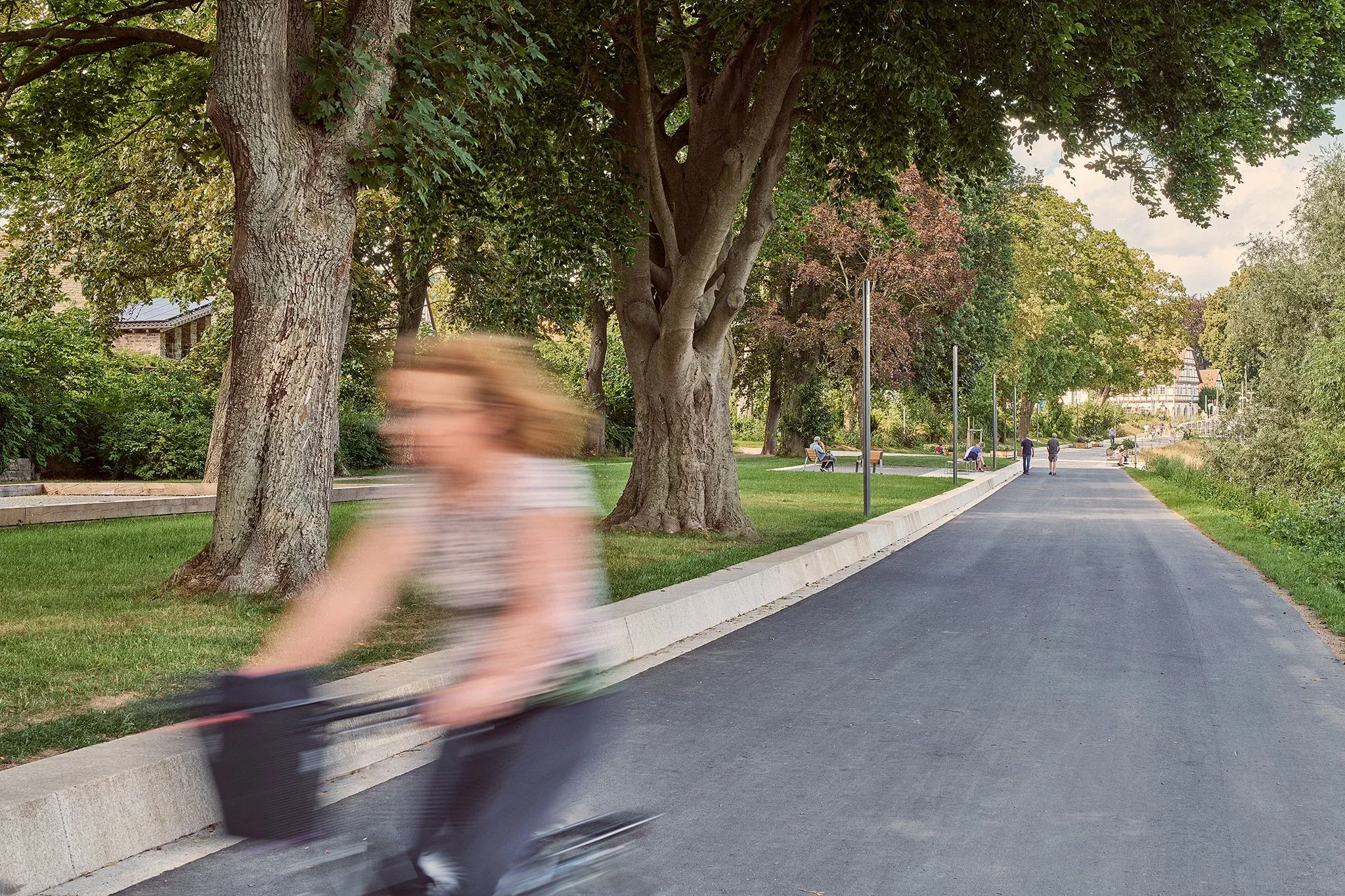 Radfahrerin in Bewegung auf einem asphaltierten Parkweg, alte Bäume und niedrige Mauer am Rand