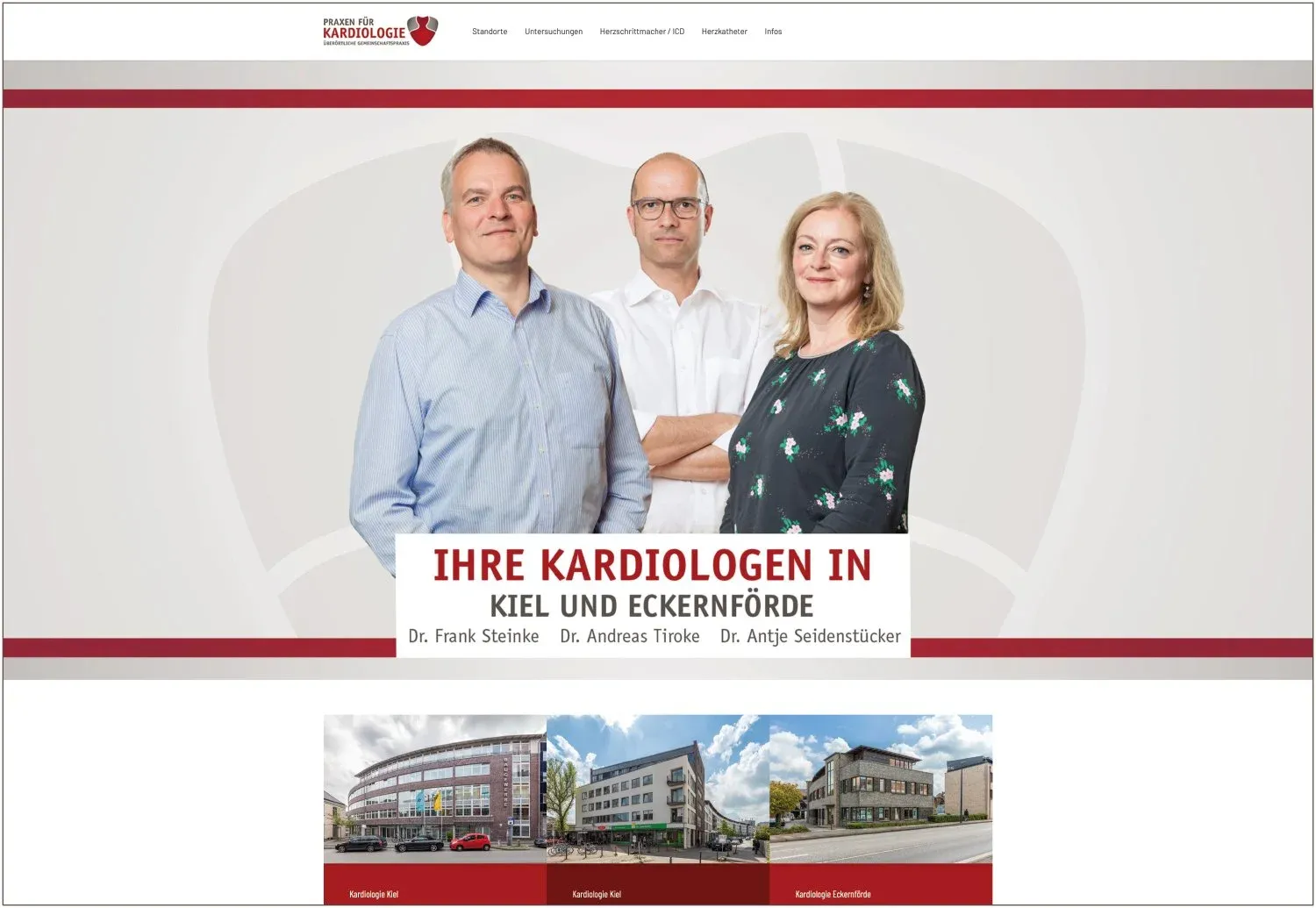 Website-Ansicht der Praxen für Kardiologie, Porträt dreier Ärzte vor Herzgrafik mit dem Titel Ihre Kardiologen in Kiel und Eckernförde, darunter Standortbilder