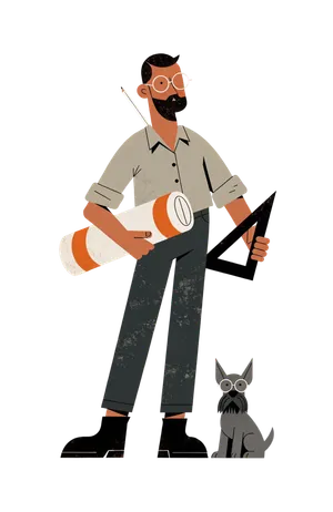 Illustrated figure of the Architect with a blueprint and a schnauzer wearing glasses