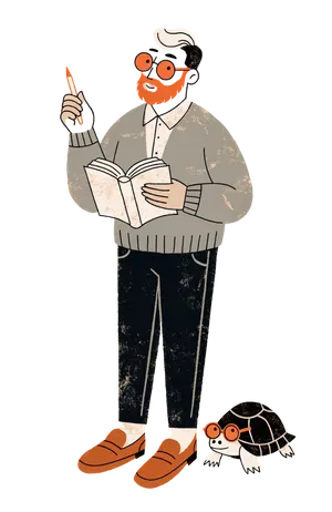 Illustrated figure of the Chronicler with a book and a turtle wearing glasses