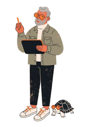 Illustrierte Figur des Chronisten mit Schreibtafel, orangem Stift und einer Schildkröte mit derselben Brille