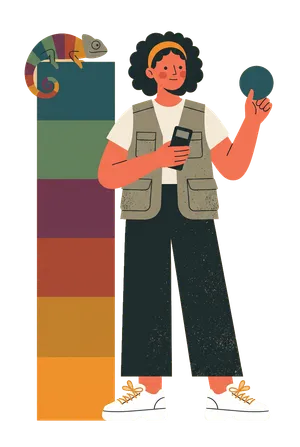 Illustrierte Figur der Farbgeberin mit Farbwand, Messgerät und einem Chamäleon in denselben Farben