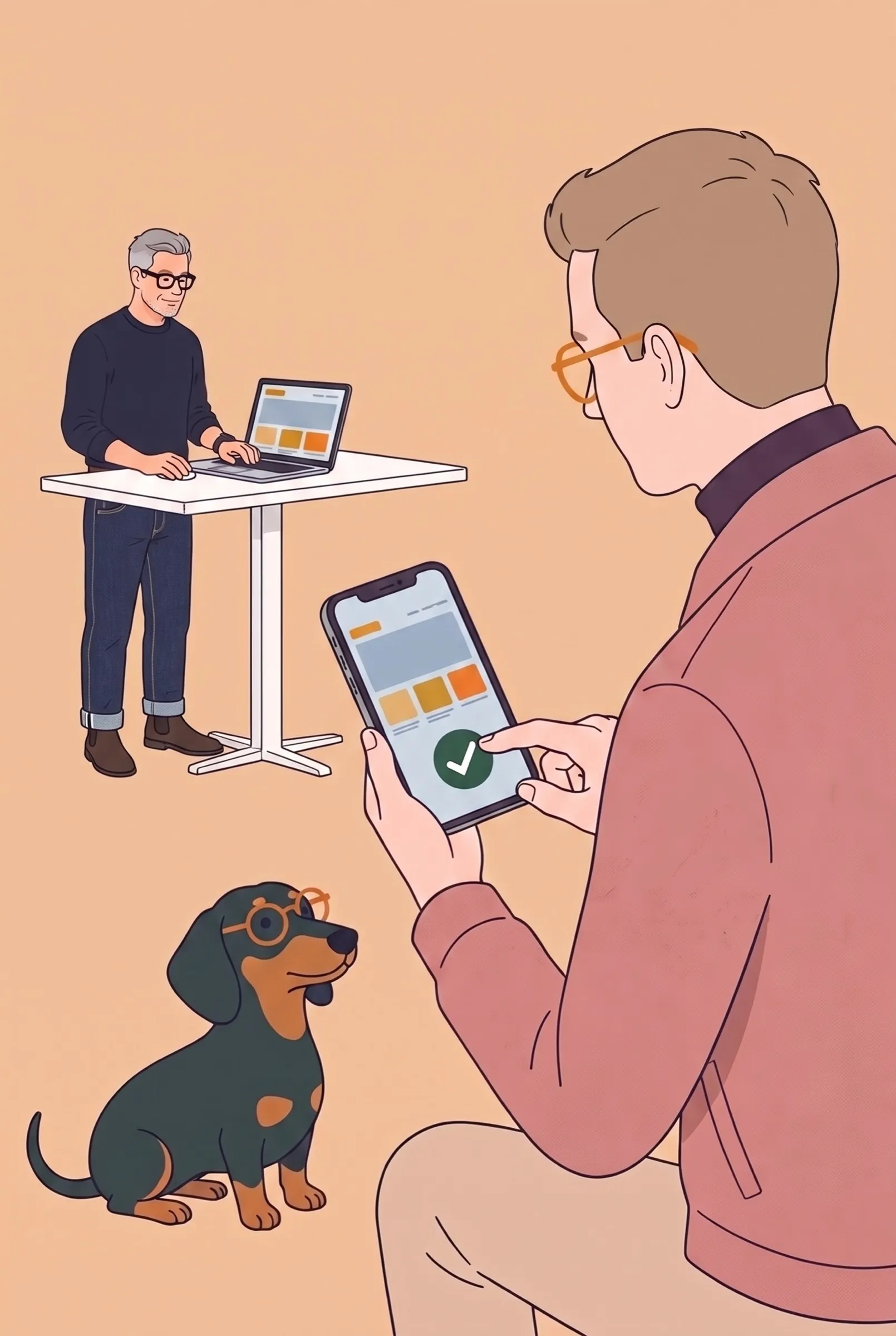 Illustration: a man taps a green tick on his phone, a dachshund with glasses looks on