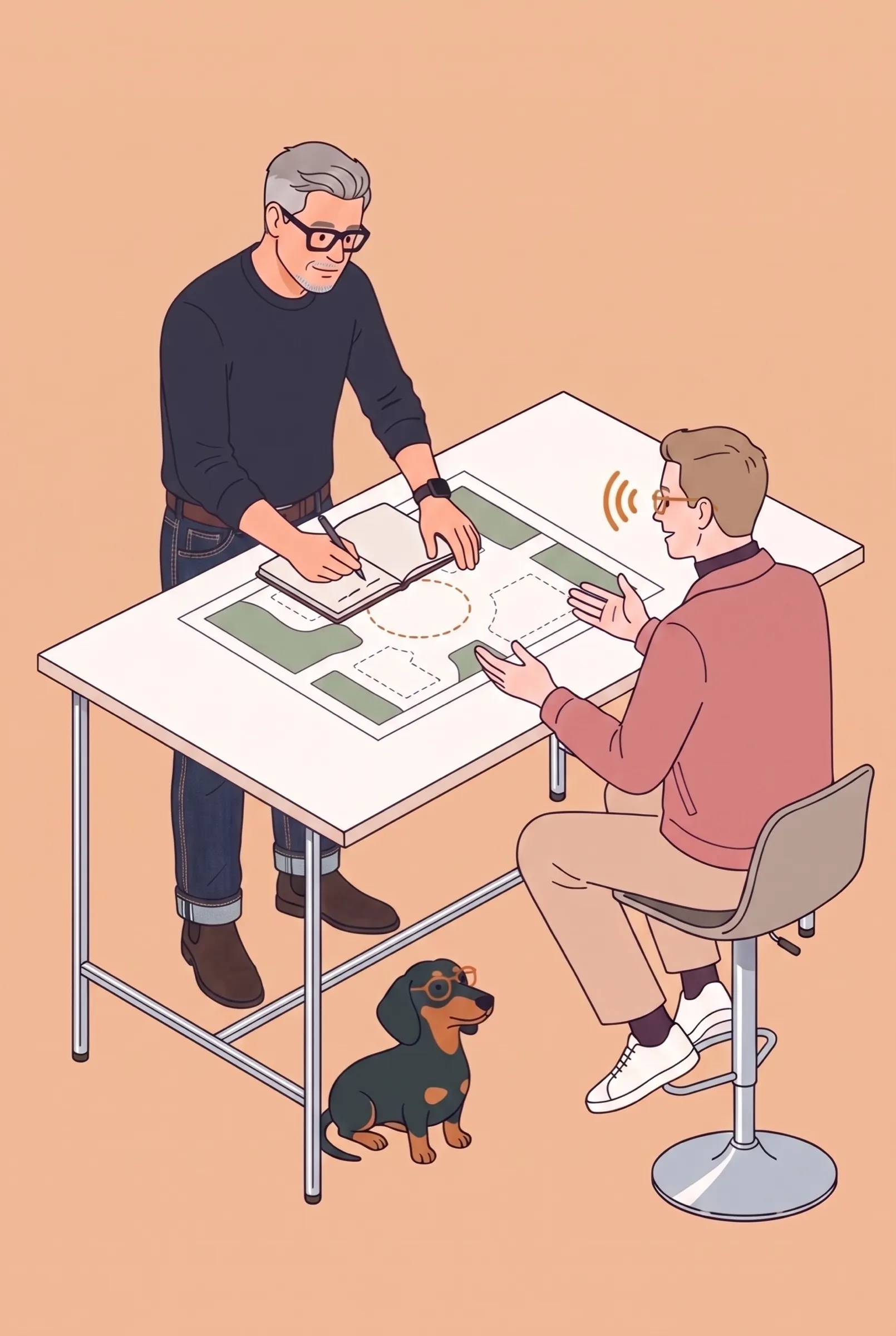 Illustration: Roman steht an einem Stehtisch mit einem Lageplan und notiert, ein Kunde erzählt, ein Dackel mit Brille sitzt davor