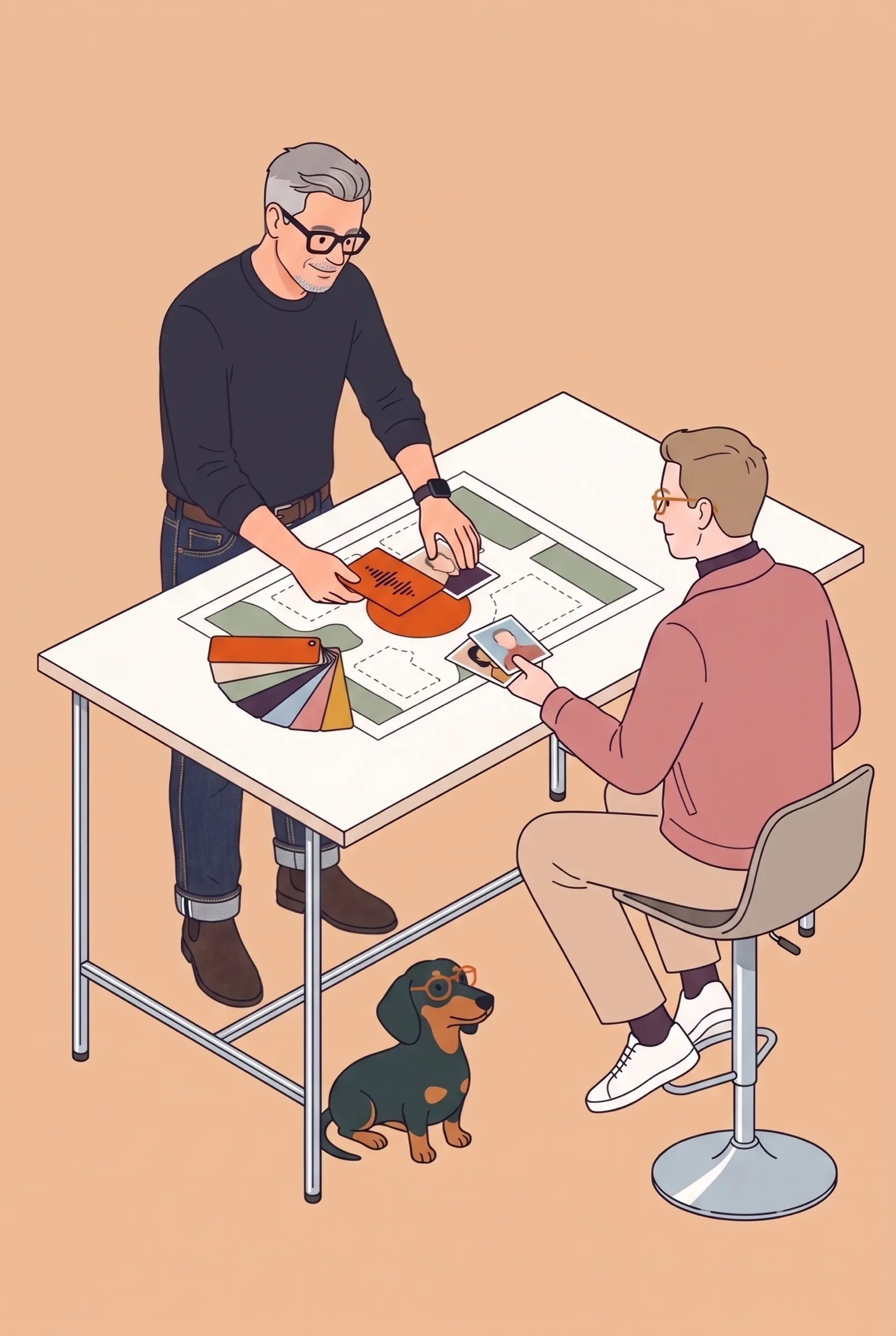 Illustration: Roman legt Farbfächer, eine Sprechwelle und Porträtkarten in den orangefarbenen Kreis auf dem Lageplan