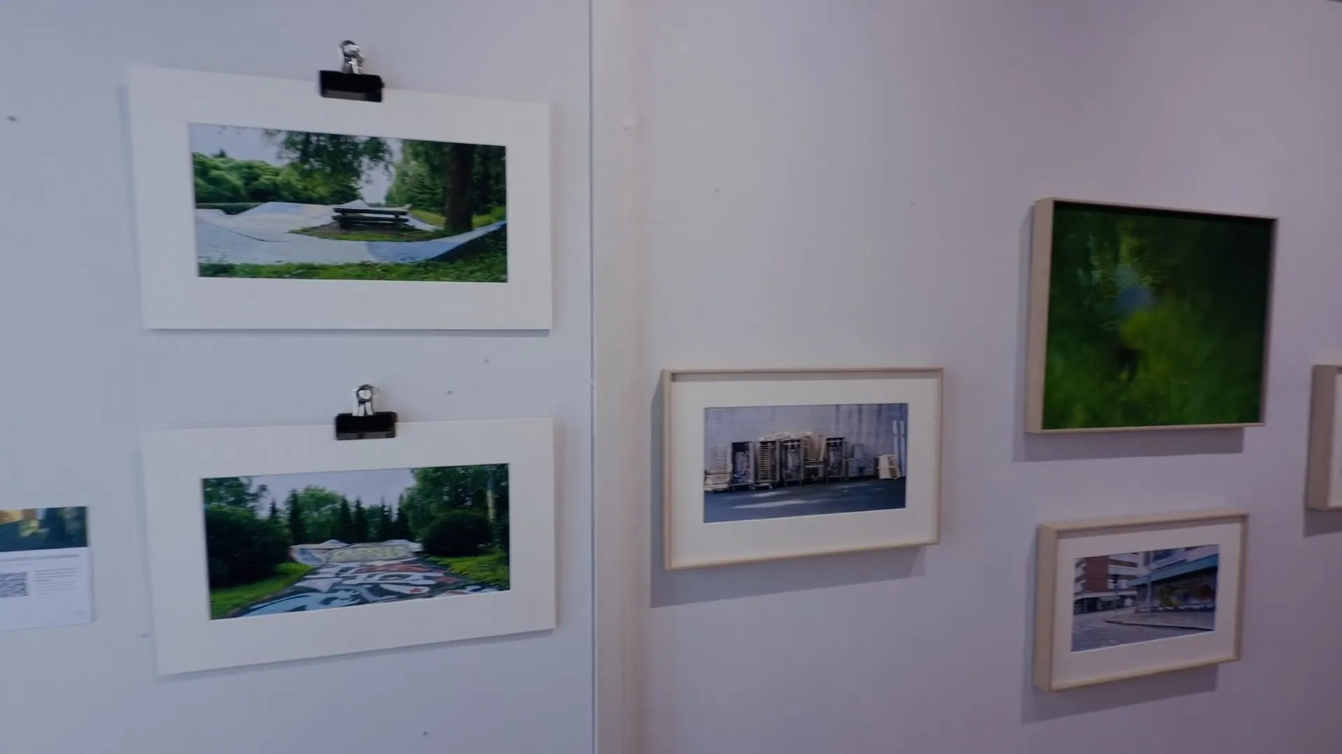 Video: pan across two clipped photographs and a framed picture on the wall