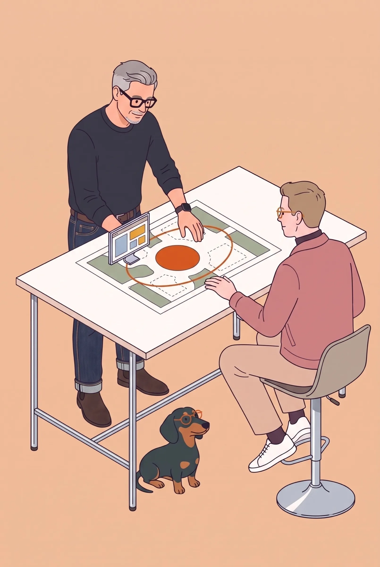 Illustration: Roman zieht an einem Stehtisch einen Ring um einen orangefarbenen Kreis auf einem Lageplan
