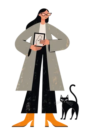 Illustrated figure of the Curator with a picture frame and an elegant cat