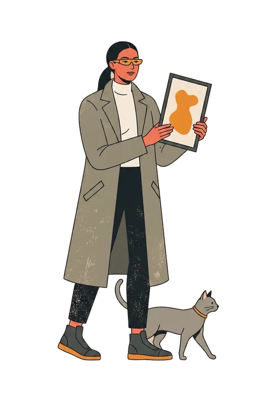 Illustrierte Figur der Kuratorin mit einem schlanken Rahmen und einer eleganten Katze