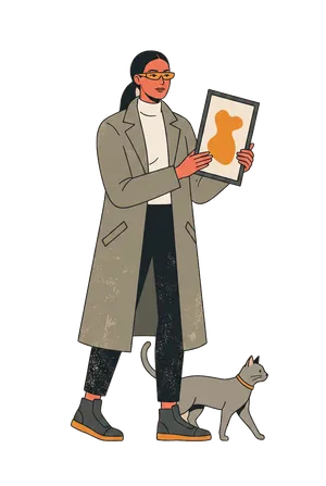 Illustrierte Figur der Kuratorin mit einem schlanken Rahmen und einer eleganten Katze