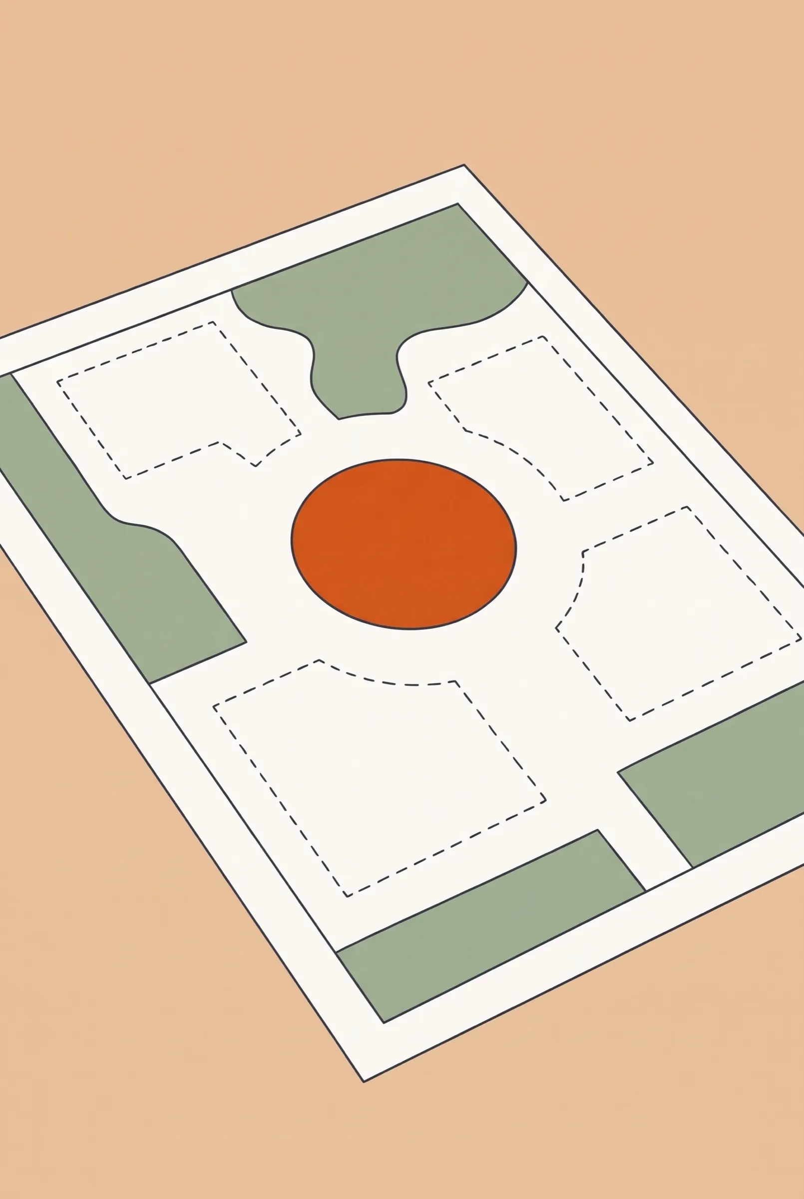 Illustration von oben: ein Lageplan mit einem orangefarbenen Kreis in der Mitte, darum vier gestrichelt umrandete, noch leere Felder und grüne Flächen