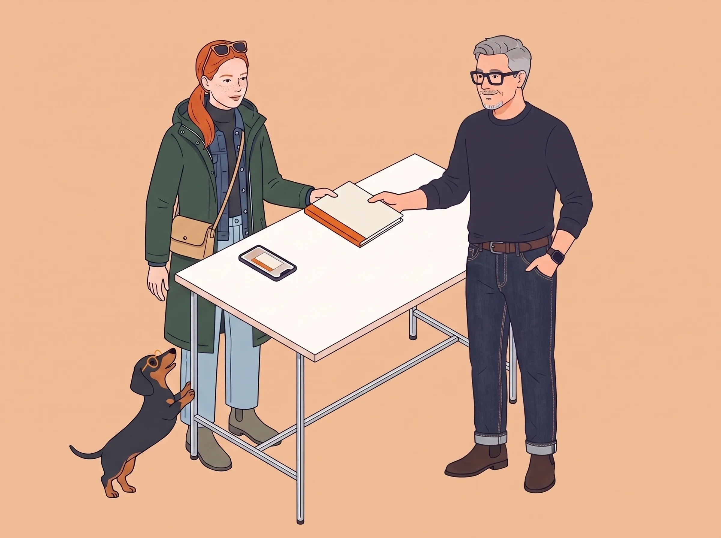 Illustration: Roman überreicht einer neuen Kollegin am Stehtisch eine Mappe mit orangefarbenem Rücken, ein Dackel springt an ihr hoch