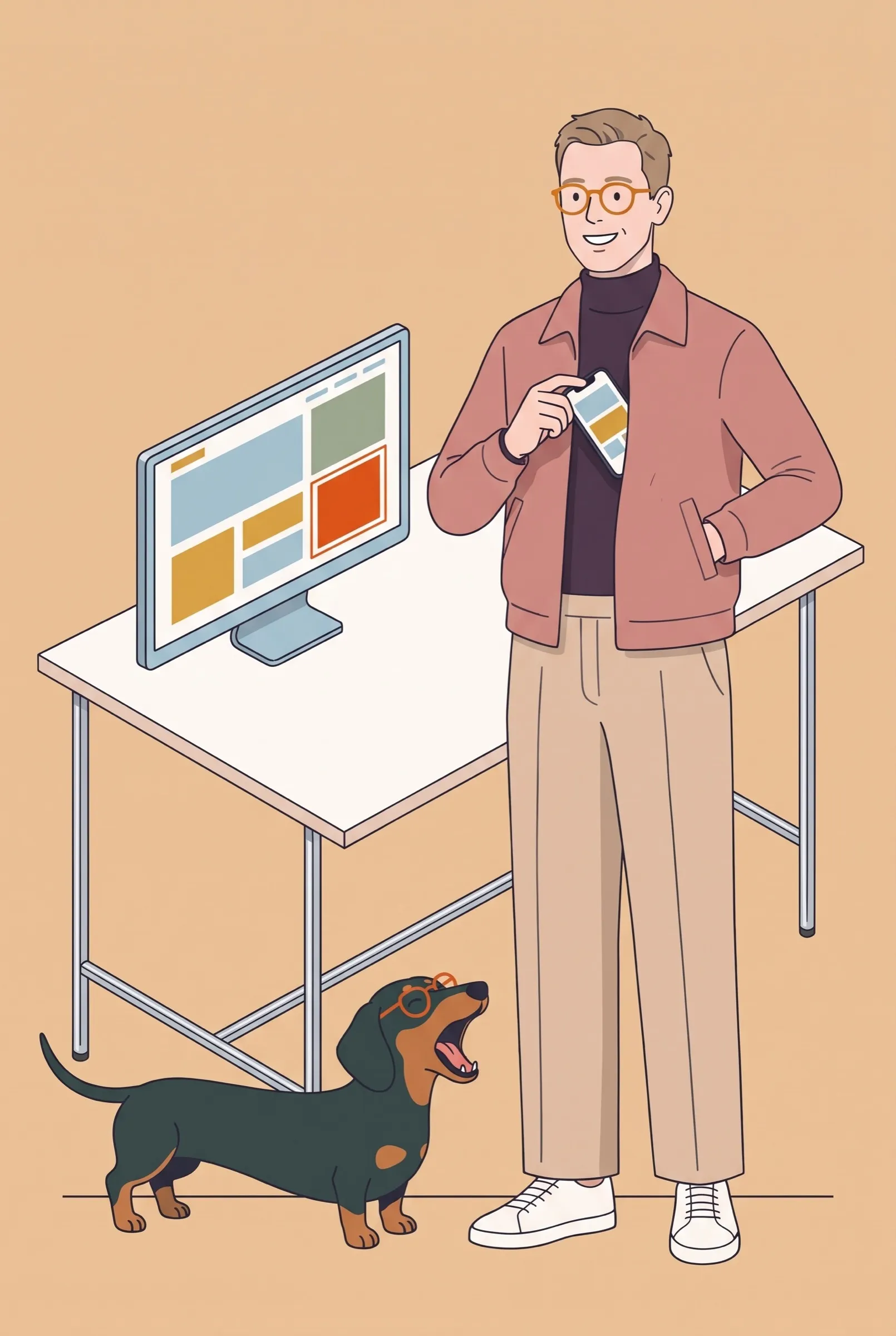 Illustration: a man stands contentedly next to a screen showing the finished website, a dachshund yawns