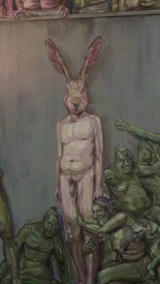 The camera moves along Undine Bandelin's painting, a naked hare-headed figure among green figures