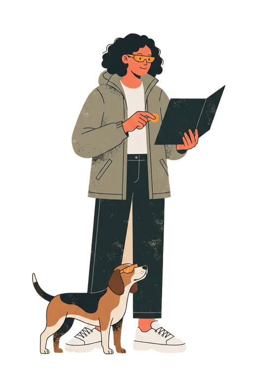 Illustrierte Figur der Rechercheurin mit Dossier-Panel, orangem Fundmarker und einem Spürhund