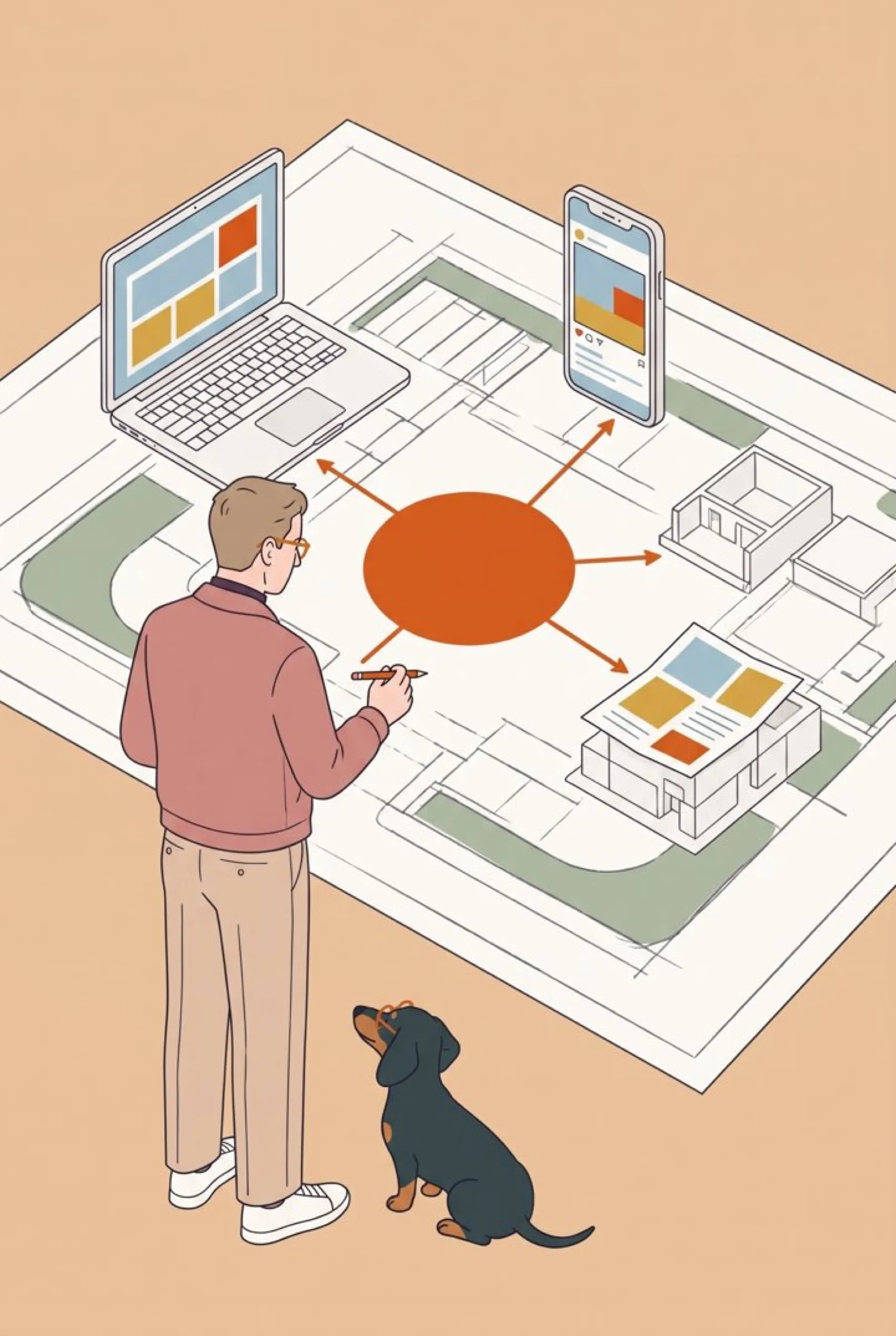 Illustration: ein Mann zieht Pfeile von einem orangefarbenen Kreis auf einem Lageplan zu Laptop, Handy und Flyer