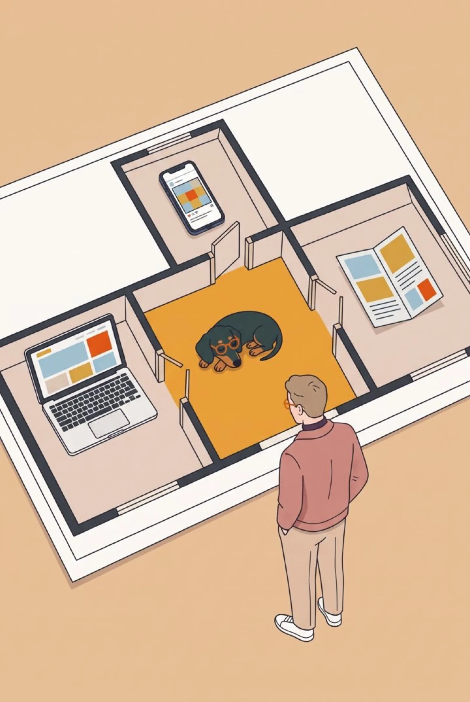 Illustration: ein Mann schaut auf einen Grundriss mit Räumen, in der Mitte ein orangefarbener Raum mit einem Dackel
