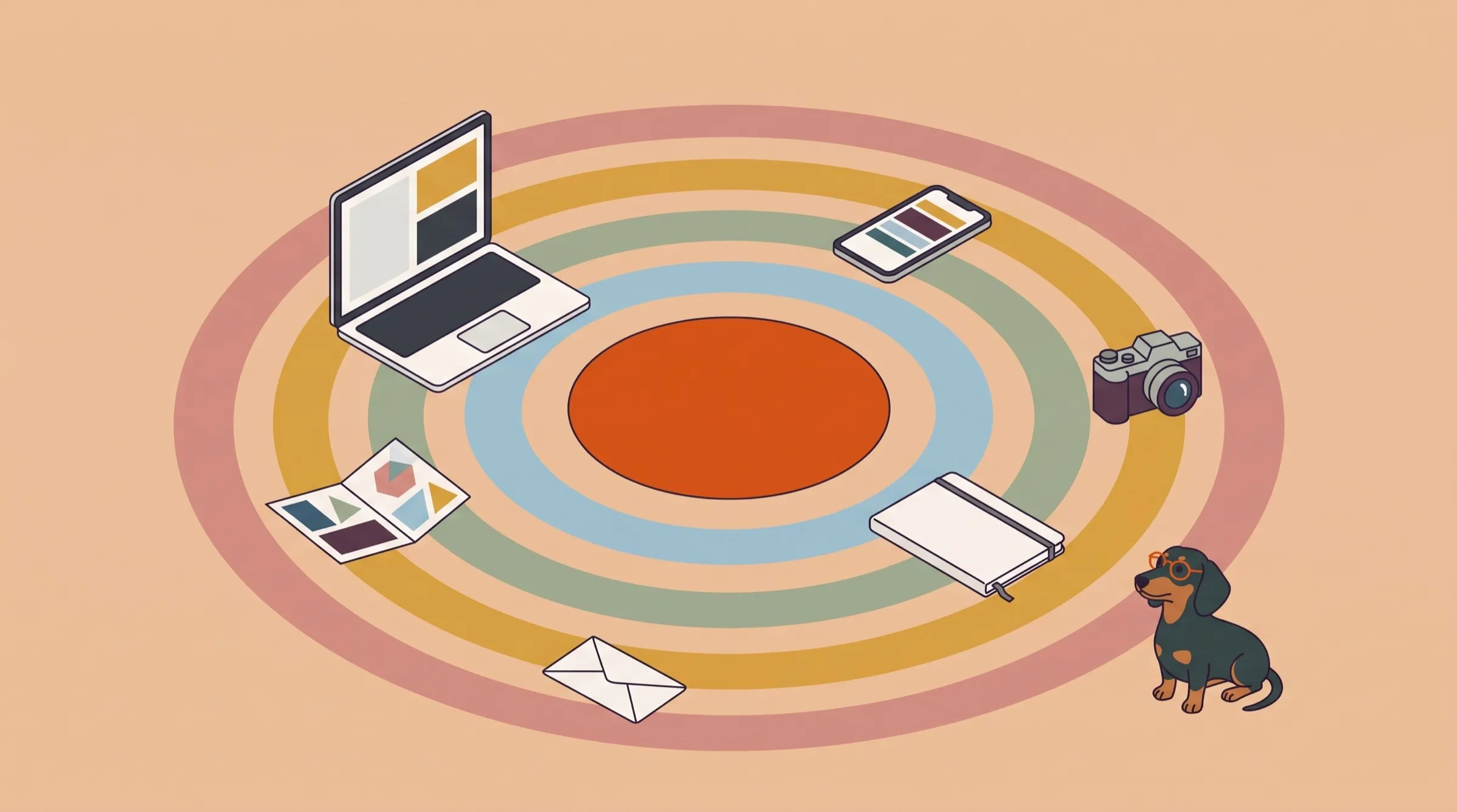 Illustration von oben: ein ruhiger orangefarbener Kreis, darum farbige Ringe mit Laptop, Handy, Kamera, Notizbuch, Flyer und Brief