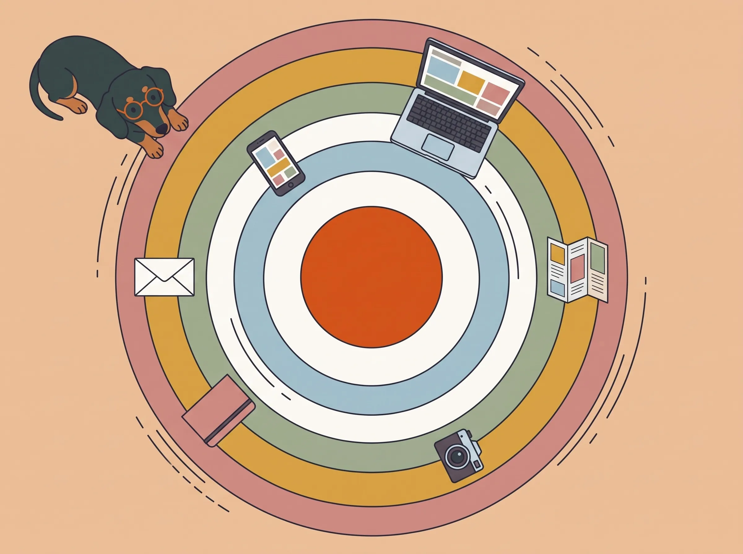 Illustration von oben: ein ruhiger orangefarbener Kreis, darum farbige Ringe mit Laptop, Handy, Kamera, Notizbuch, Flyer und Brief, die sich zu bewegen scheinen
