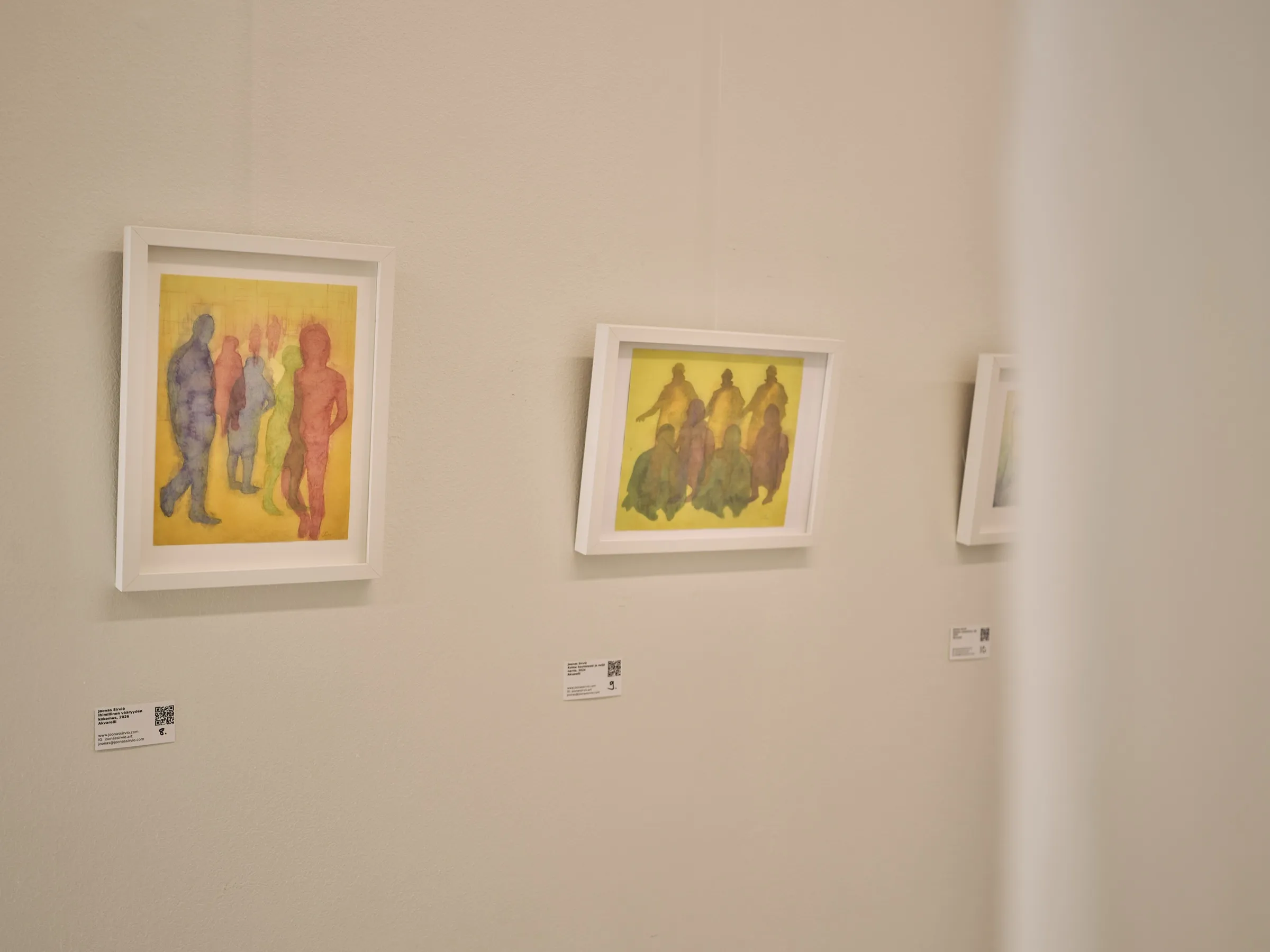 Two watercolours up close: colourful groups of figures in yellow and red