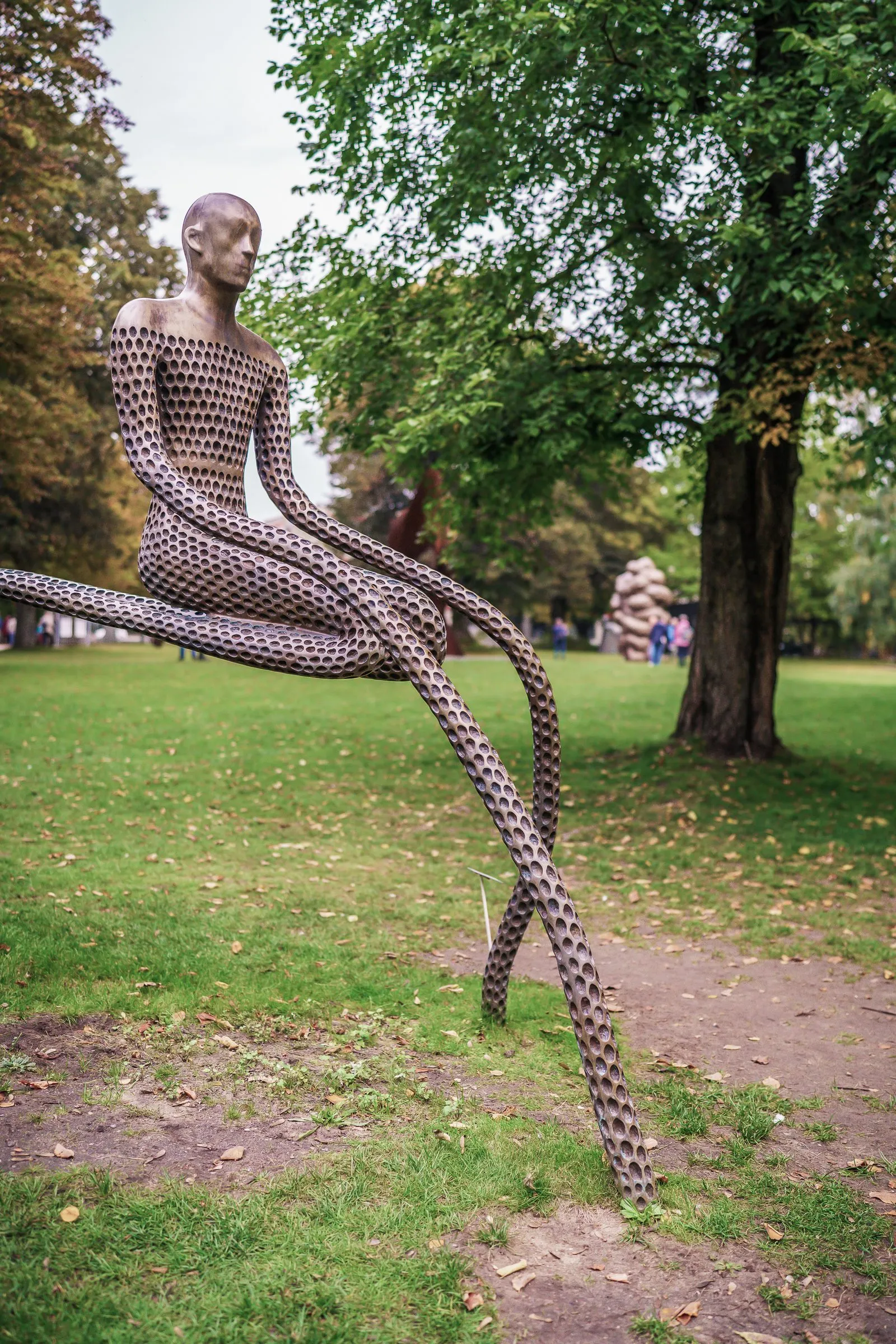A slender seated figure made of a mesh-like material with very long legs on the lawn
