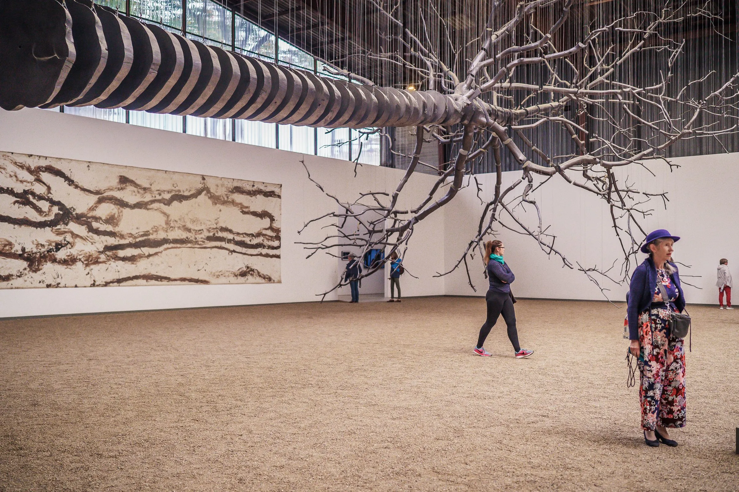 A bright hall with a sand floor, a huge spiral lying under the roof and bare branches reaching far into the space
