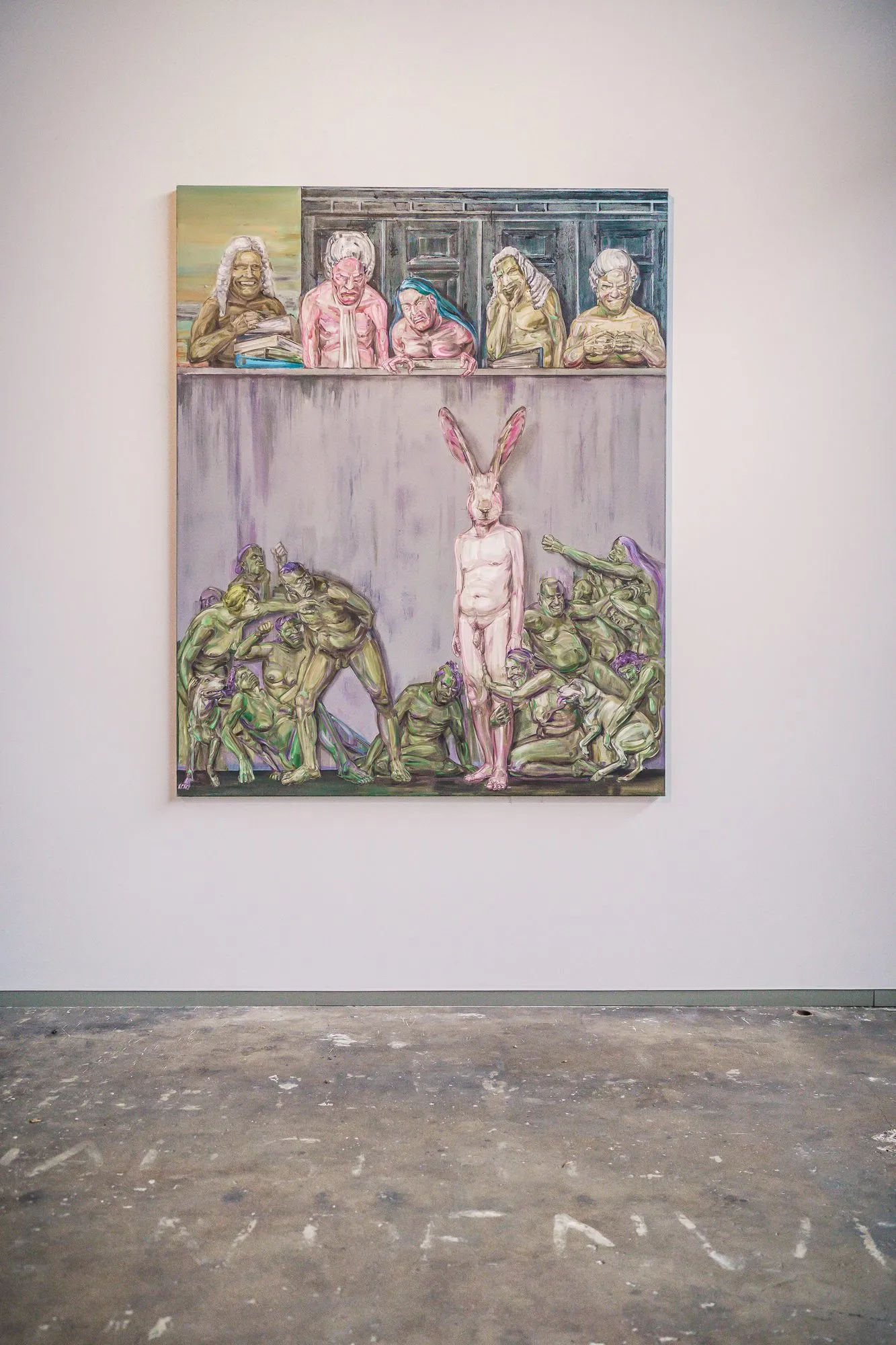 A painting with a naked hare-headed figure surrounded by green figures, a row of heads above