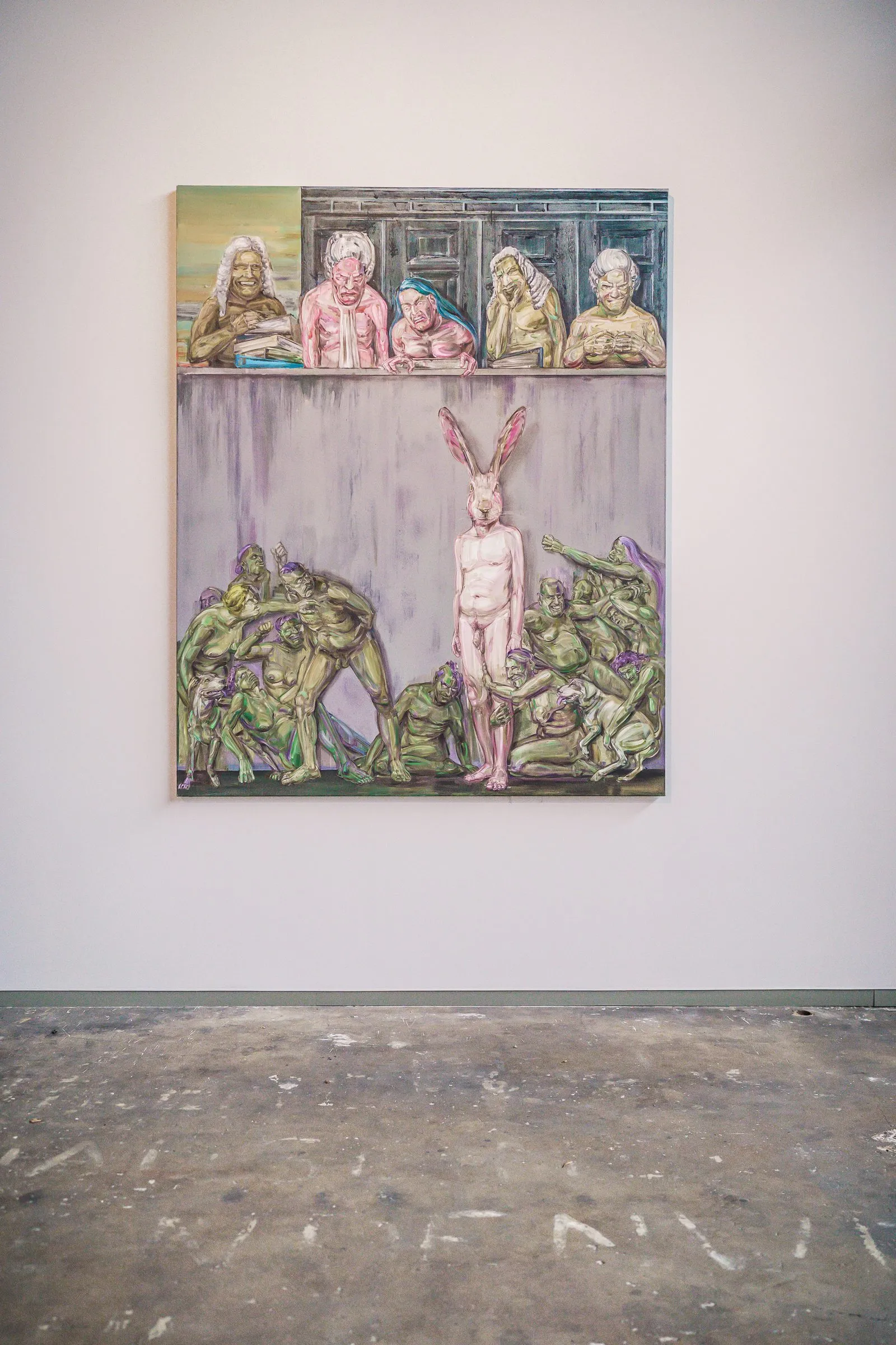 Portrait: a painting with a naked hare-headed figure surrounded by green figures, a row of heads above