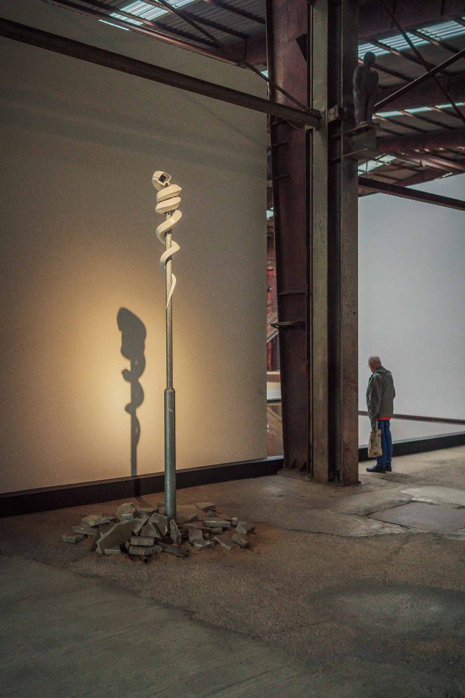 Portrait: a narrow twisted sculpture on a rod, its shadow on the wall