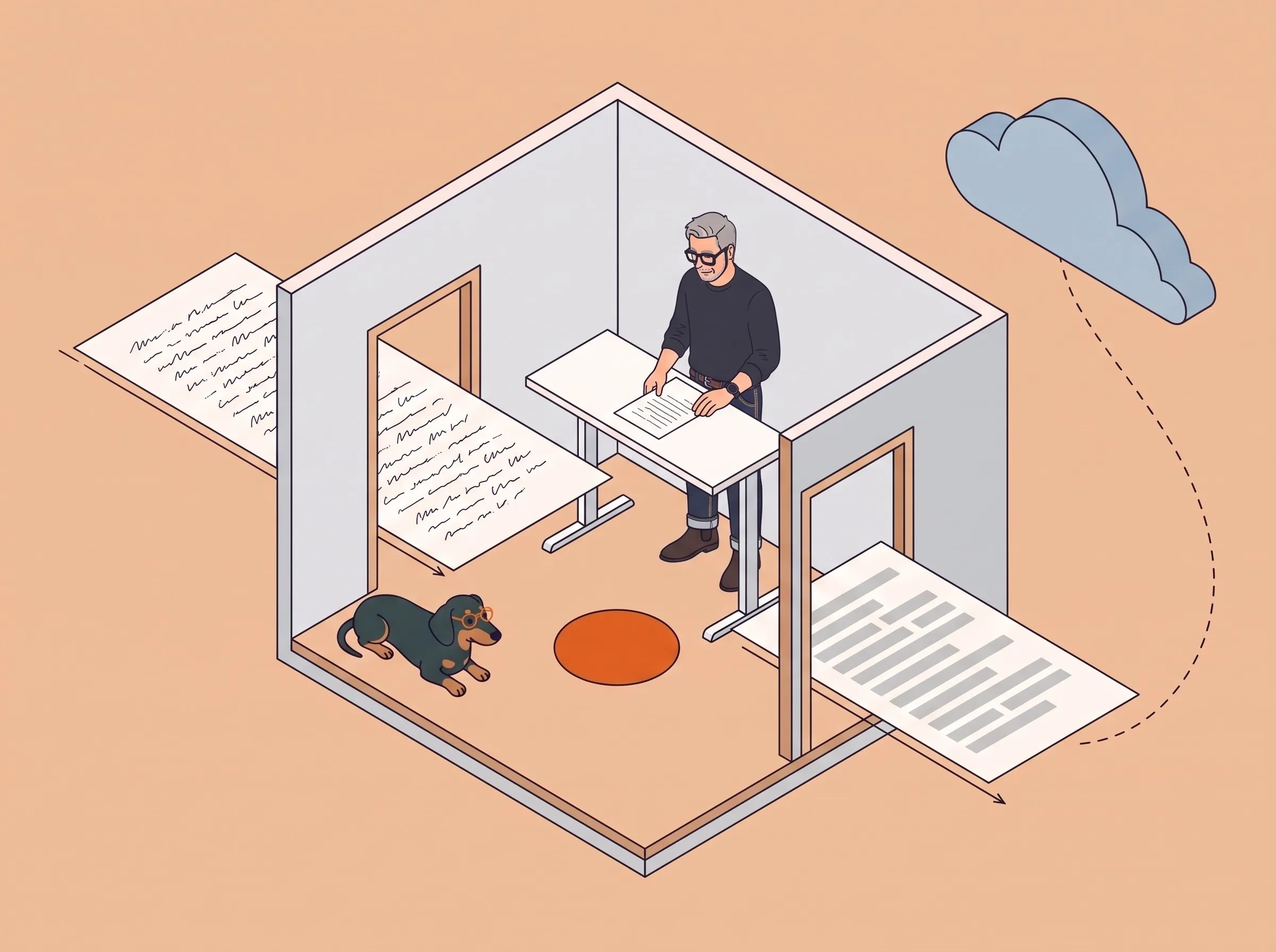 Illustration: Ein Blatt mit Namen geht durch einen kleinen Raum, in dem Roman arbeitet, und kommt mit neutralen Balken wieder heraus, erst dann führt eine Linie zur Wolke