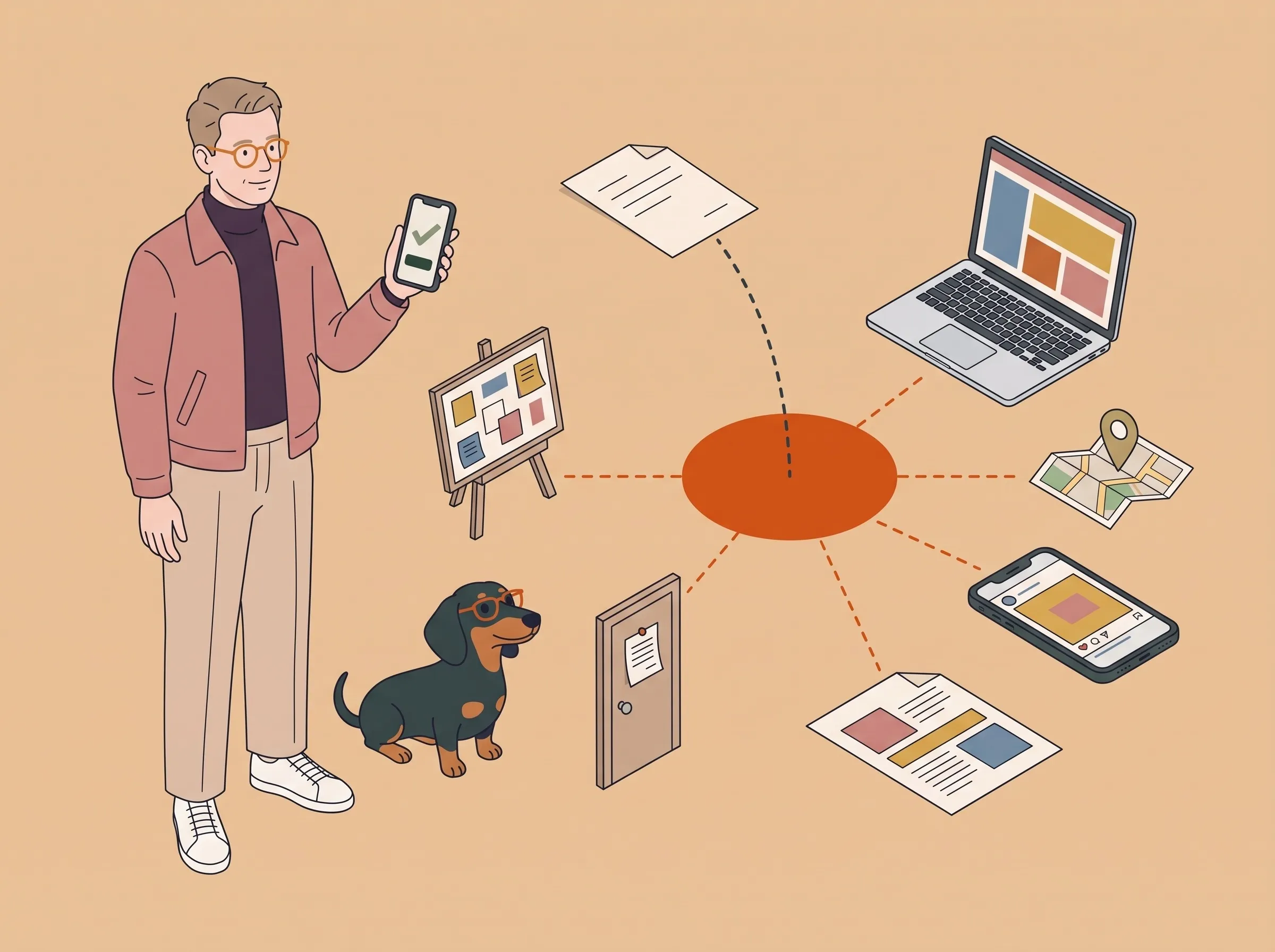 Illustration: A man holds a phone with a green tick, next to it an orange circle with dashed lines leading to laptop, map, phone, flyer, door and board