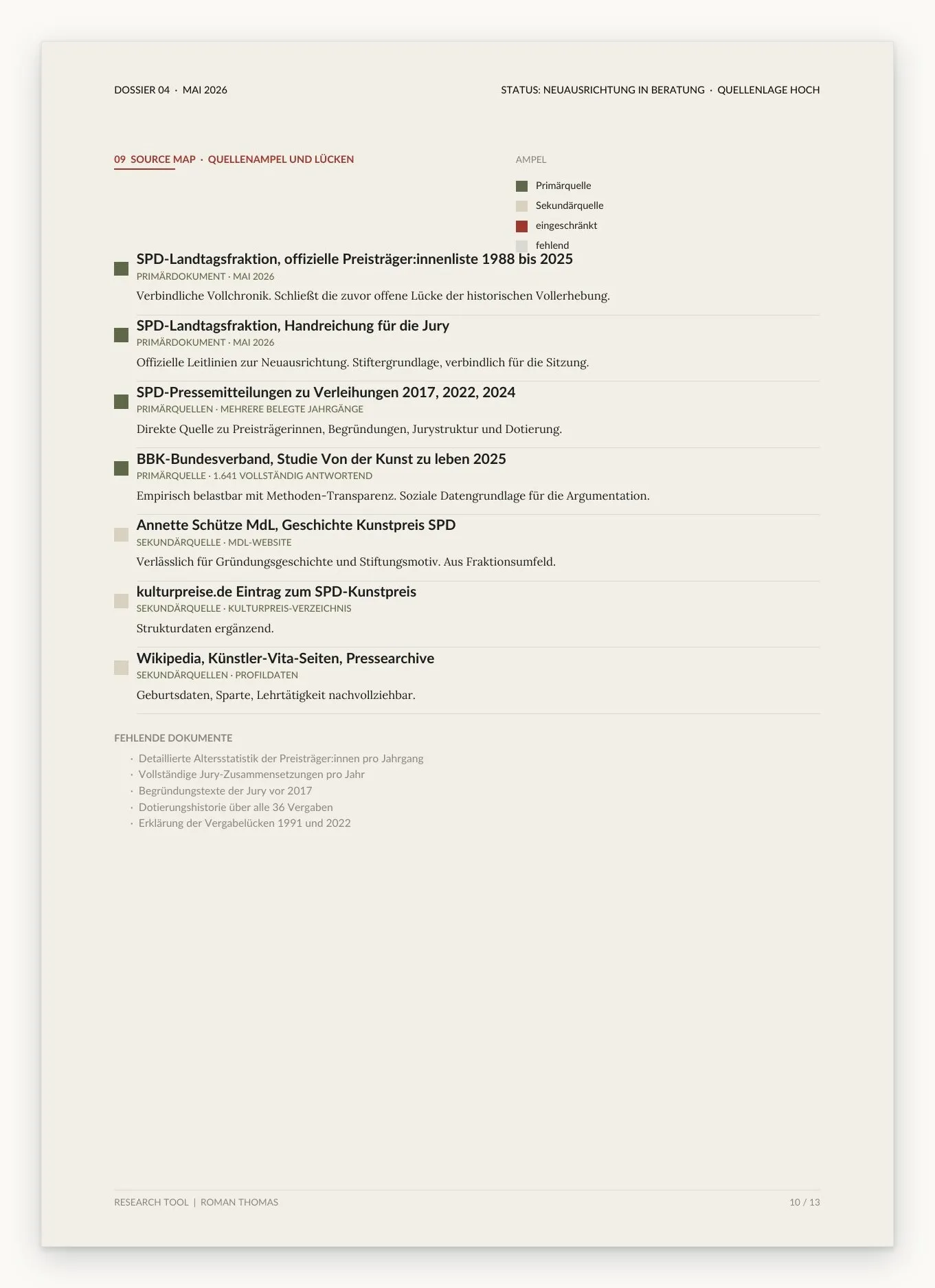 Dossier page with a list of sources, each with a coloured square for its reliability, below it missing documents