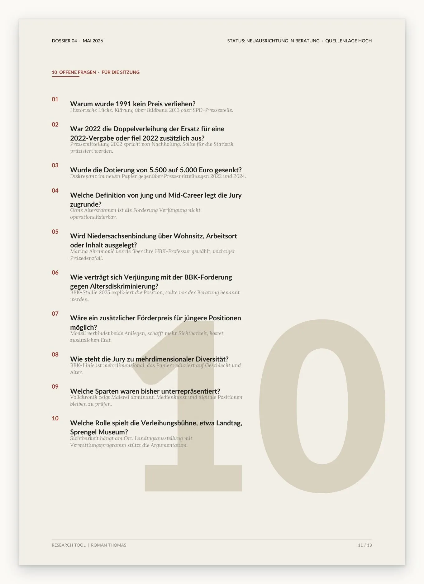 Dossier page with ten numbered questions, a large pale number 10 in the background