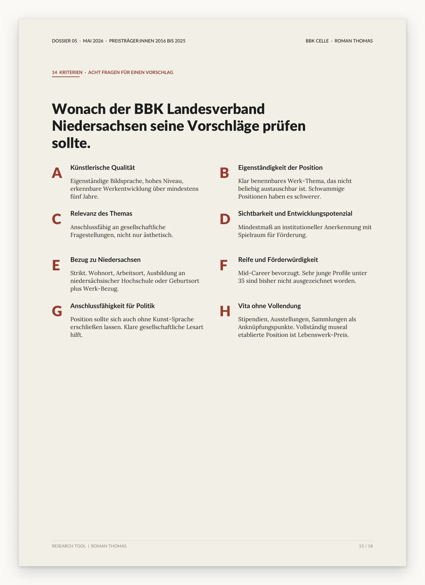 Dossier page headed Wonach der BBK Landesverband Niedersachsen seine Vorschläge prüfen sollte, with eight criteria from A to H