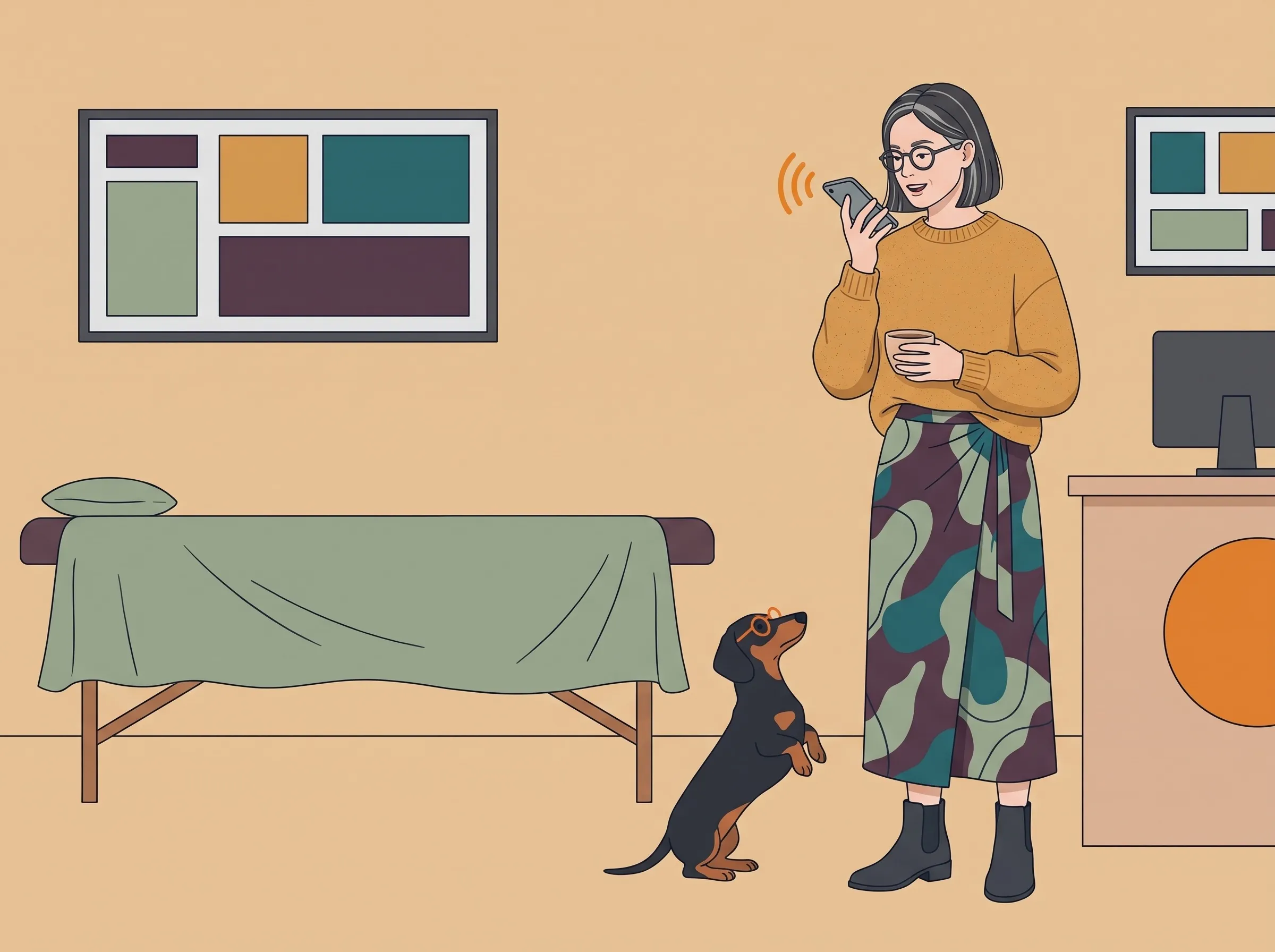 Illustration: Eine Frau steht mit einer Tasse Kaffee in ihrer Praxis und spricht einen Satz in ihr Handy, ein Dackel mit Brille schaut zu