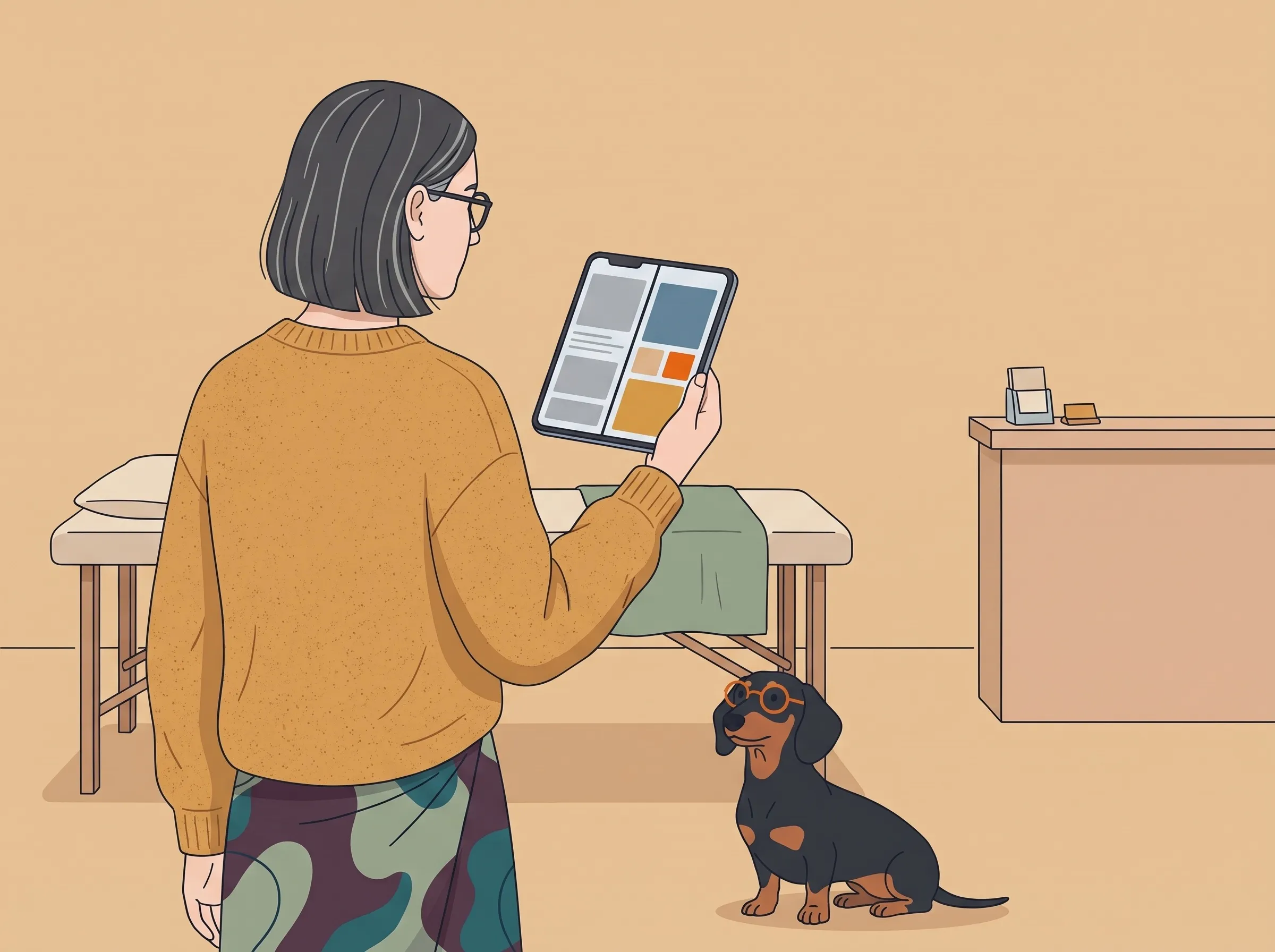 Illustration: Die Frau sieht sich auf einem Tablet eine Vorschau an, alt und neu nebeneinander