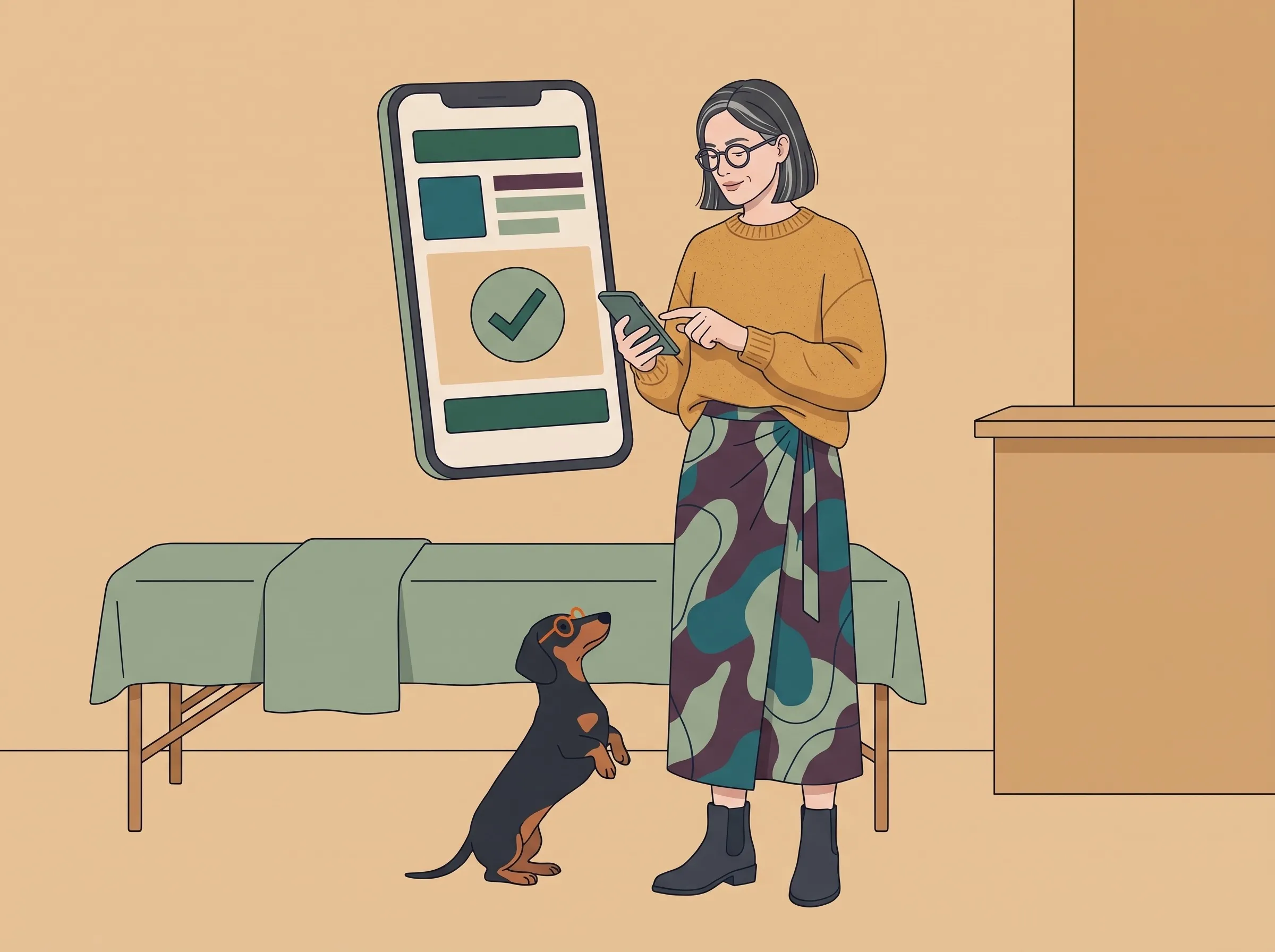 Illustration: Die Frau tippt auf ihrem Handy auf einen Haken, daneben zeigt ein großes Handy die freigegebene Änderung