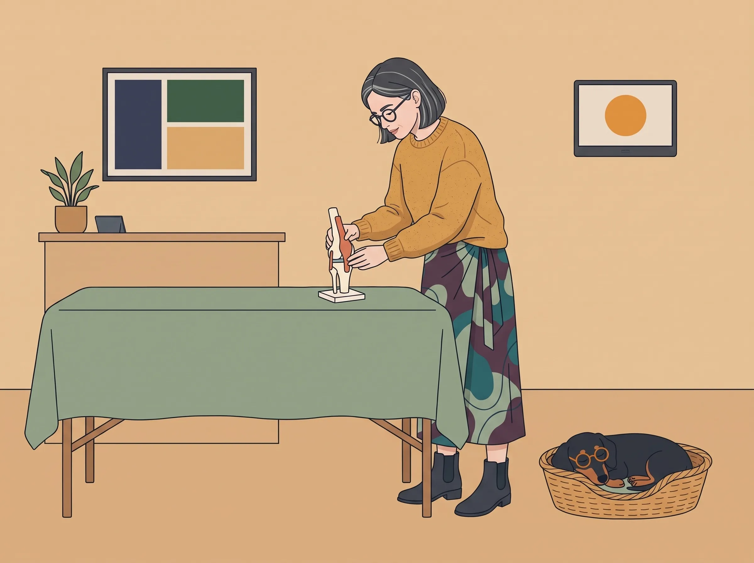 Illustration: The woman works at the treatment table, the dachshund sleeps in its basket