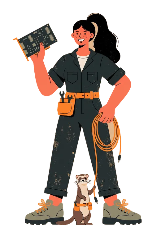 Illustrierte Figur der Technikerin mit Board, orangem Kabel und einem Frettchen mit demselben Werkzeuggurt