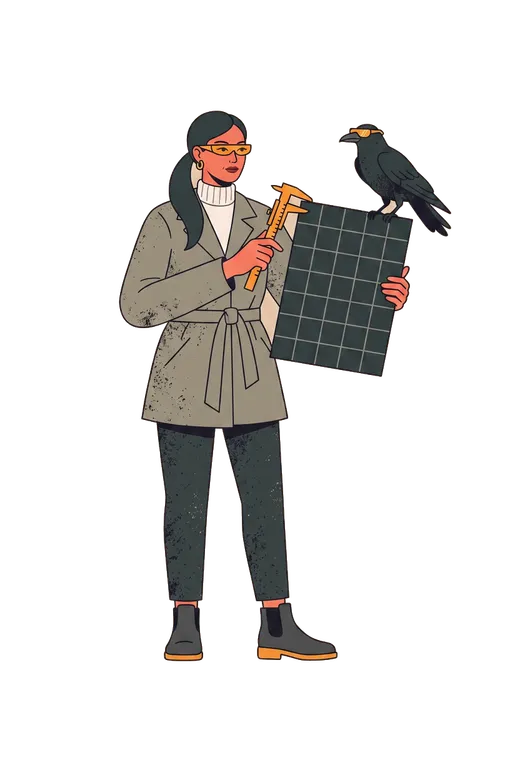 Illustrierte Figur der Typographin mit Raster-Panel, orangem Messschieber und einem Raben mit derselben Visierbrille