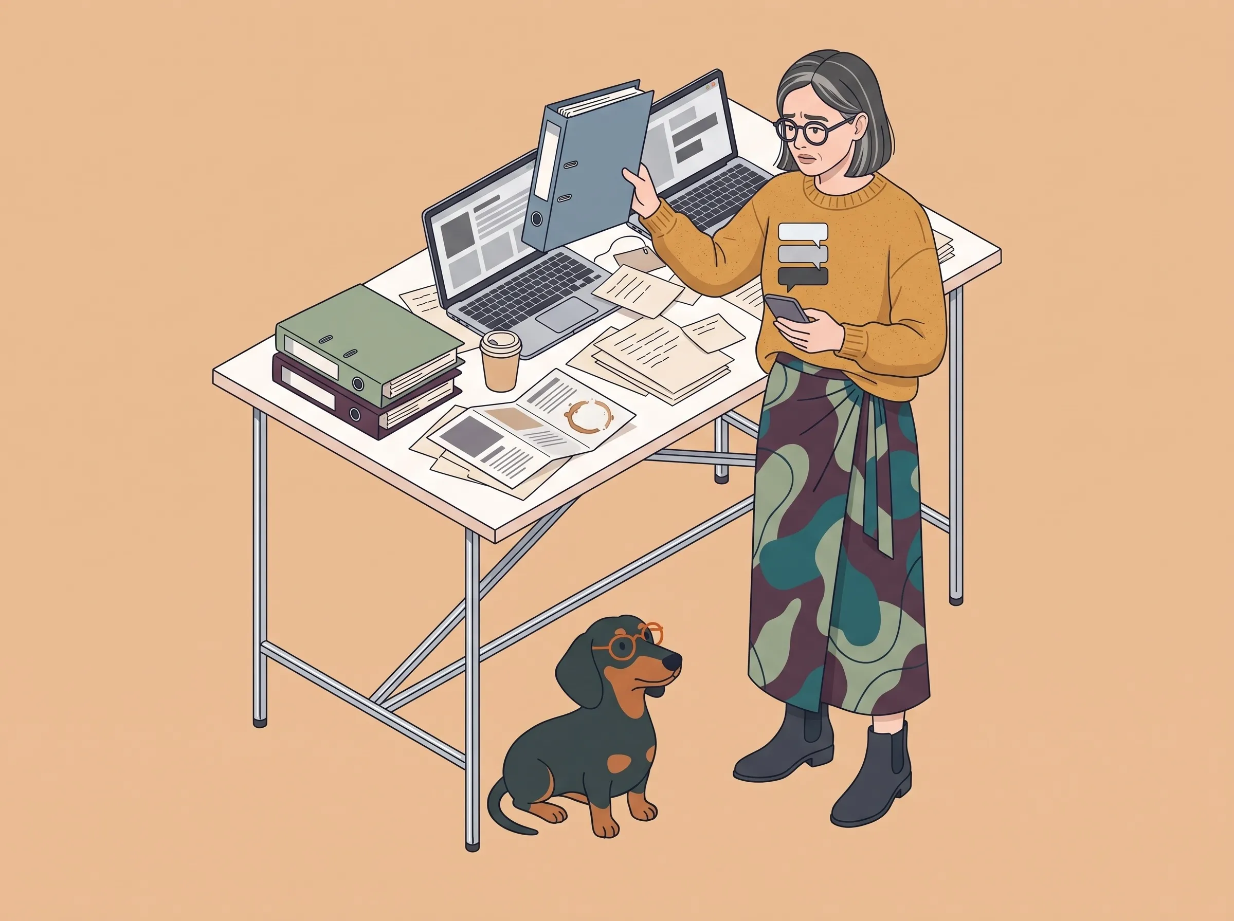 Illustration: Eine Frau steht an einem übervollen Stehtisch mit Ordnern, zwei Laptops und Zetteln und blättert ratlos, ein Dackel mit Brille schaut zu