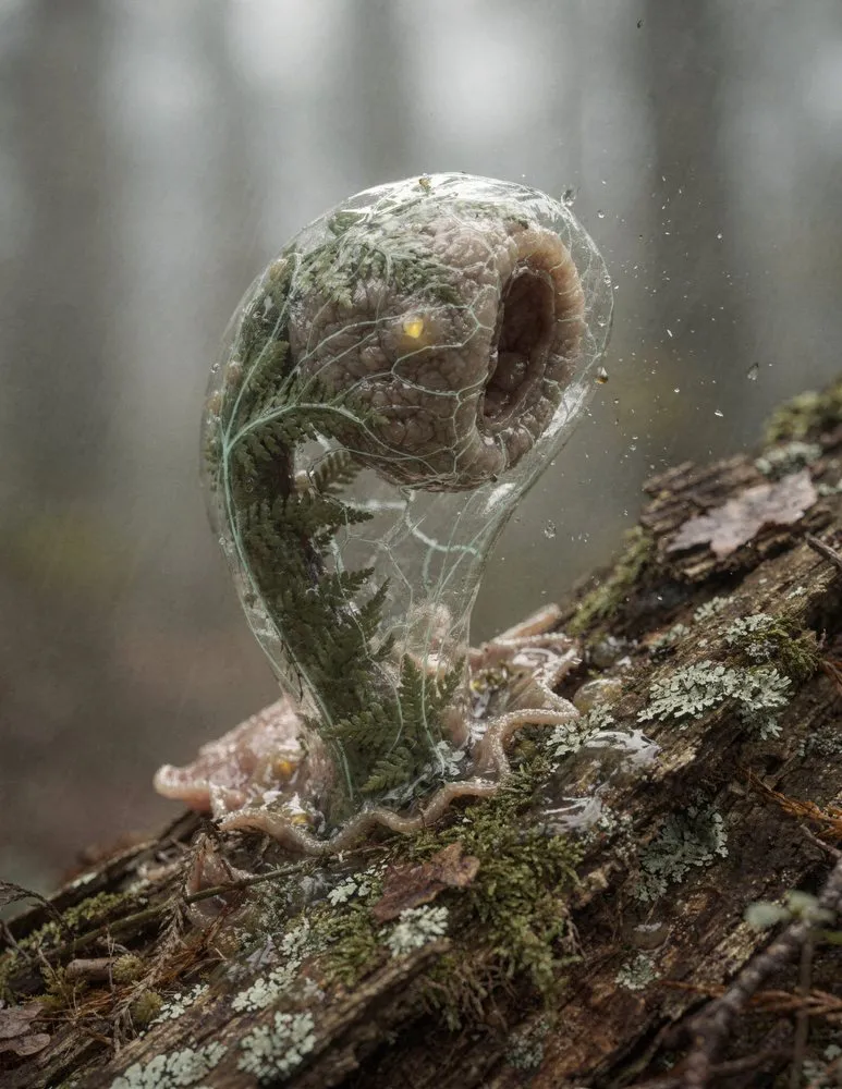 Photorealistic invented being, a fern snail wrapped in glass on mossy bark