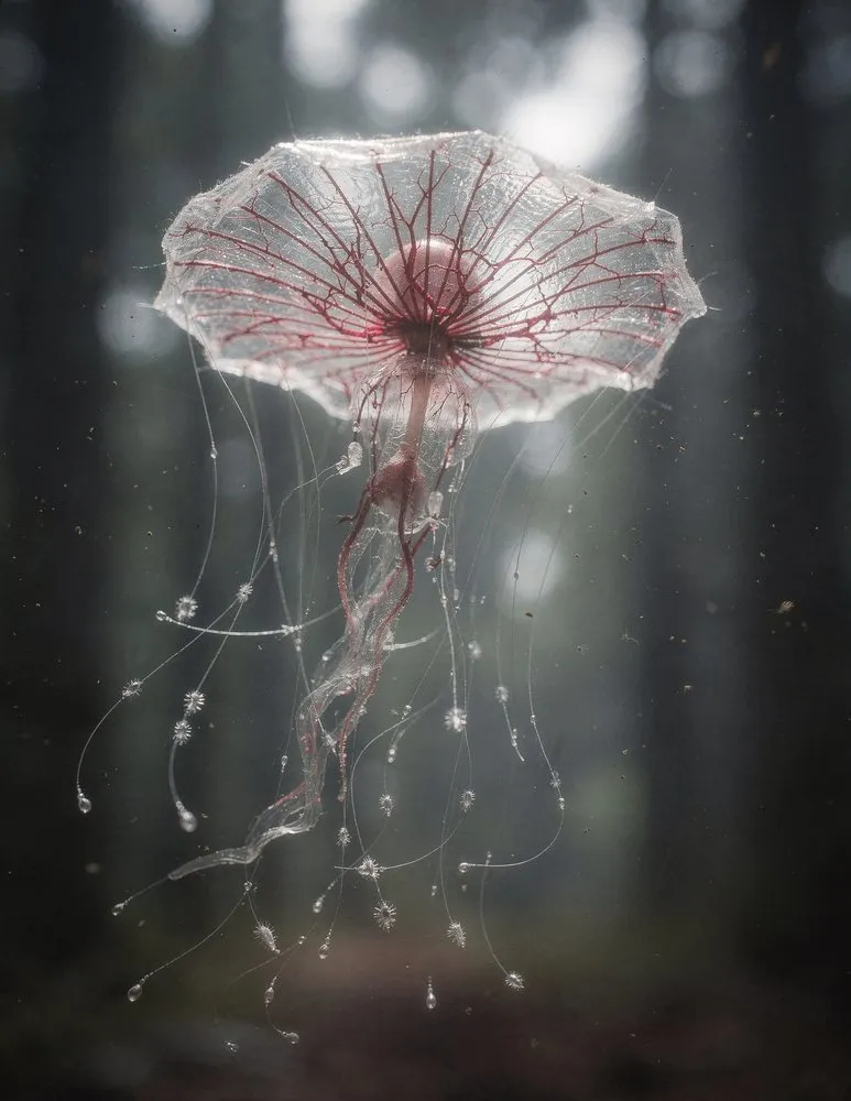 Floating, jellyfish-like being in the mist