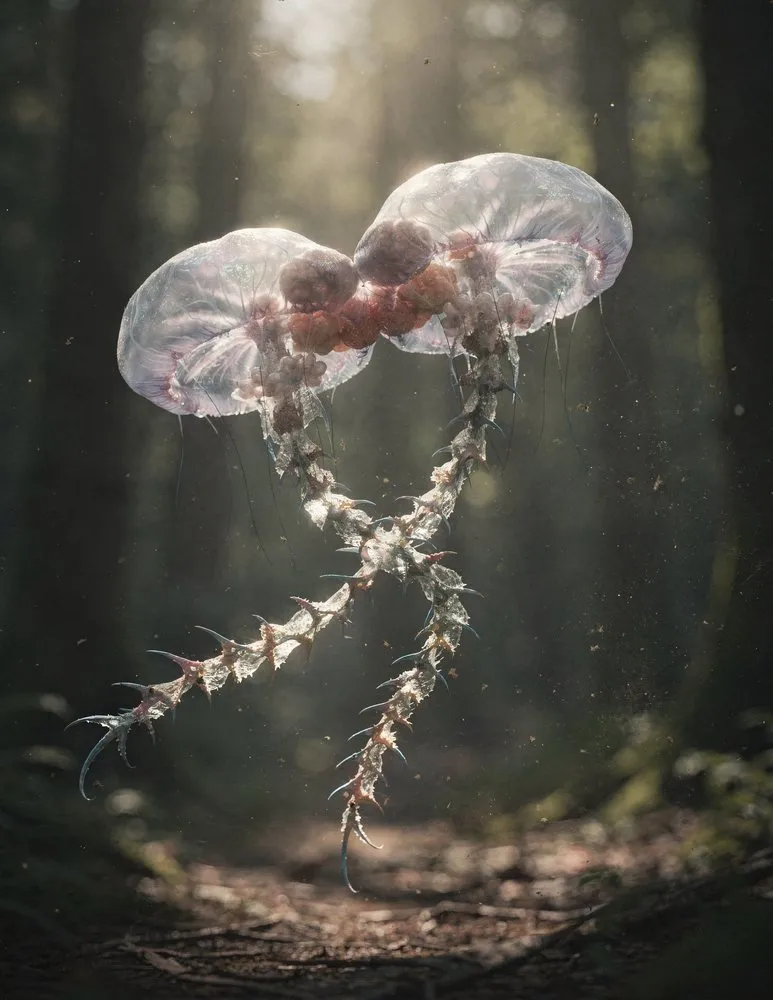 Translucent drifting being with fine threads