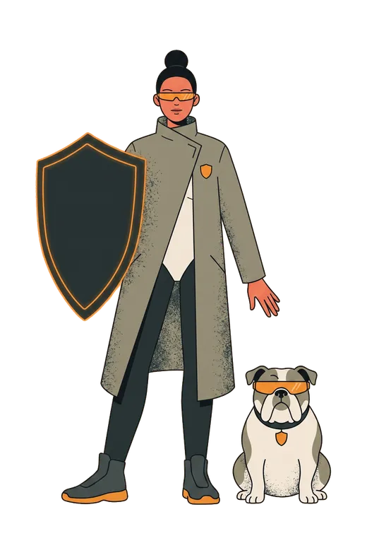 Illustrierte Figur der Wächterin mit leuchtendem Schild am Arm und einer Bulldogge mit derselben Visierbrille