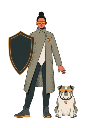 Illustrierte Figur der Wächterin mit leuchtendem Schild am Arm und einer Bulldogge mit derselben Visierbrille