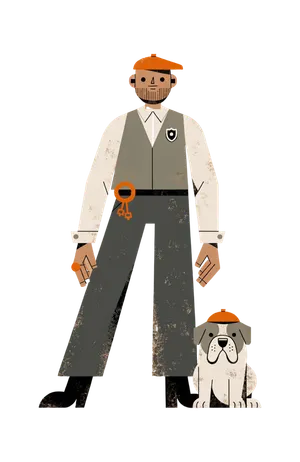 Illustrated figure of the Guardian with keys and a bulldog