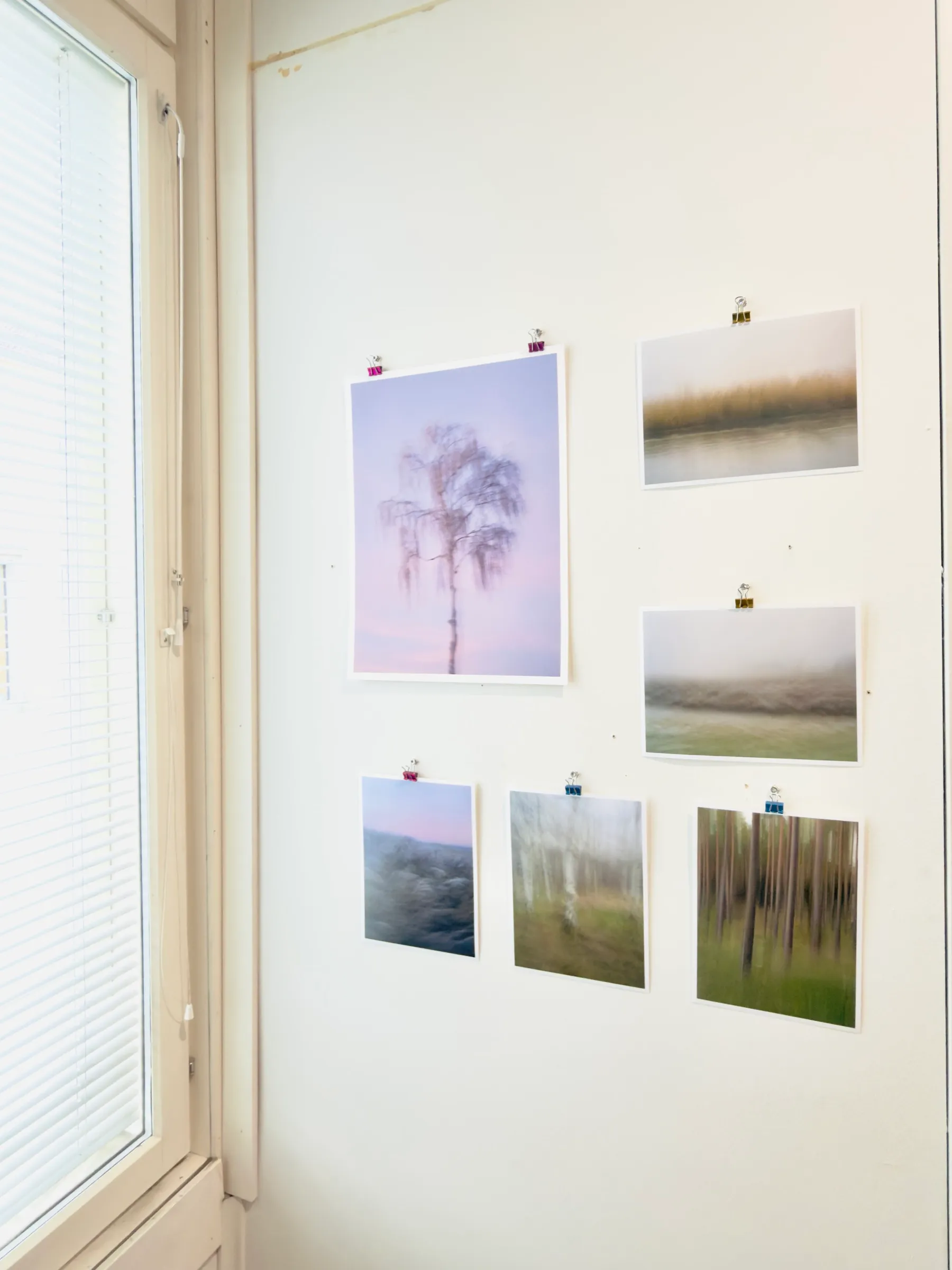 Printed photographs from the series “Heimat,” fastened to a white wall with binder clips
