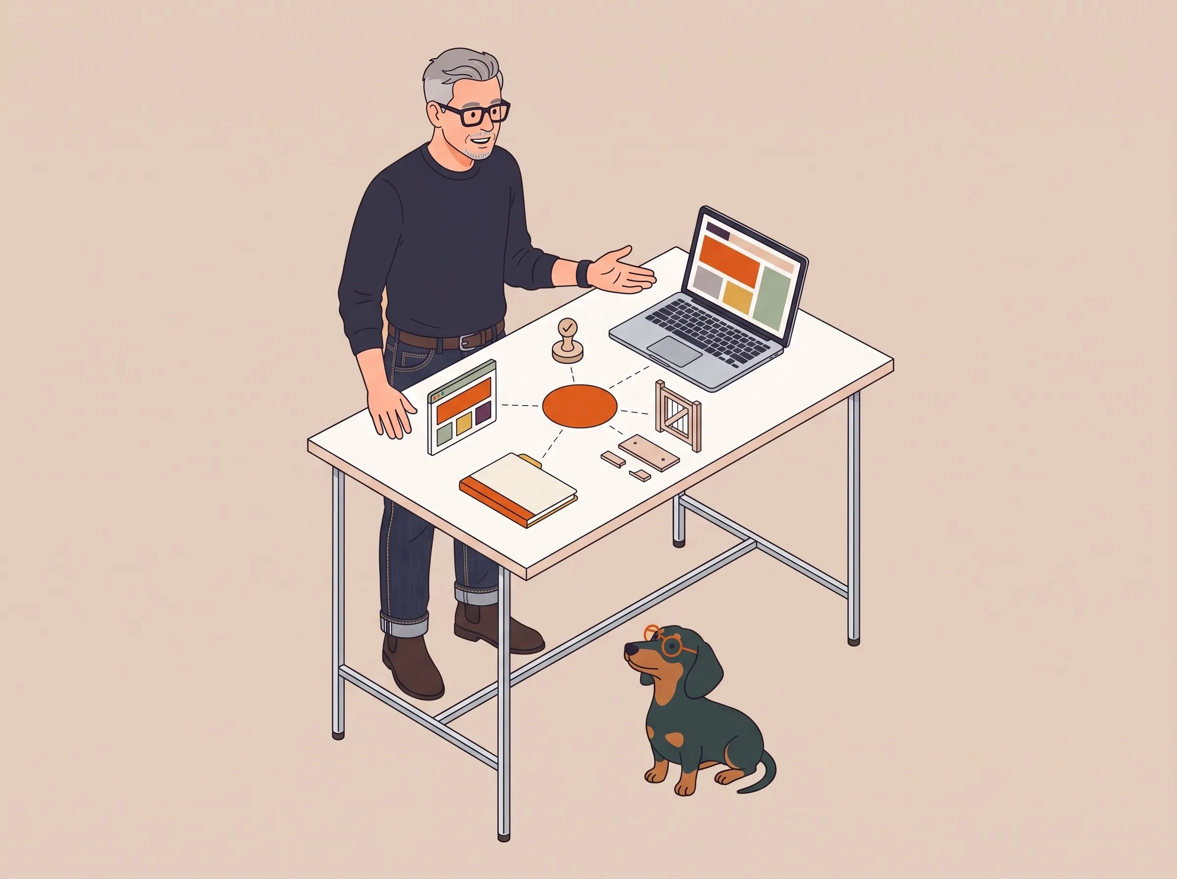 Illustration: Roman steht an einem weißen Stehtisch und erklärt mit offener Hand etwas zu seinem Laptop, vor ihm liegen um einen orangen Kreis kleine Werkzeuge, ein Dackel mit Brille schaut zu